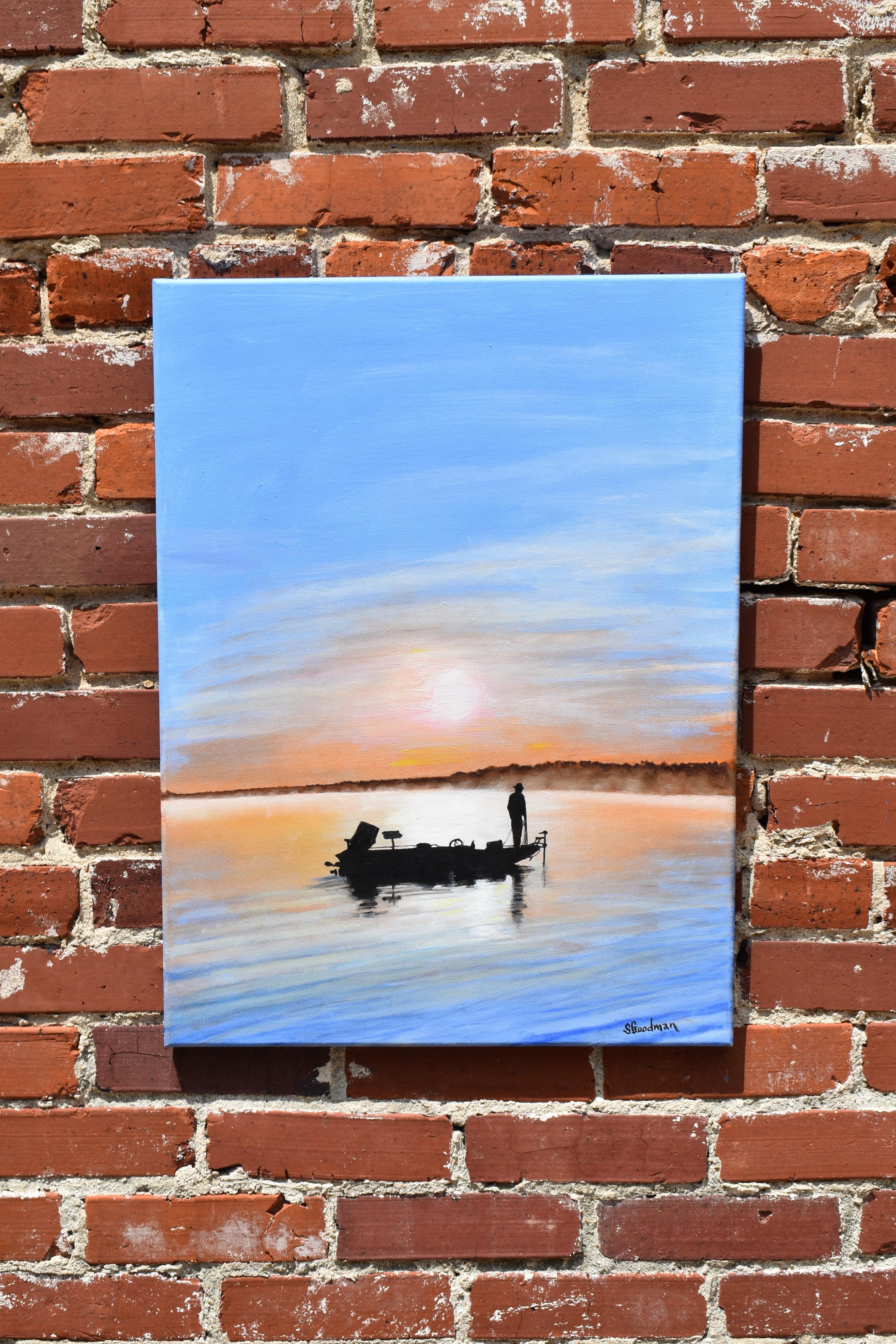 <p>Artist Comments<br>Artist Shela Goodman paints a silhouette of a man in his boat, floating peacefully on a bright still lake. With his motor engine up and rope in his hands, he appears to be preparing for an early morning of fishing. Shela takes