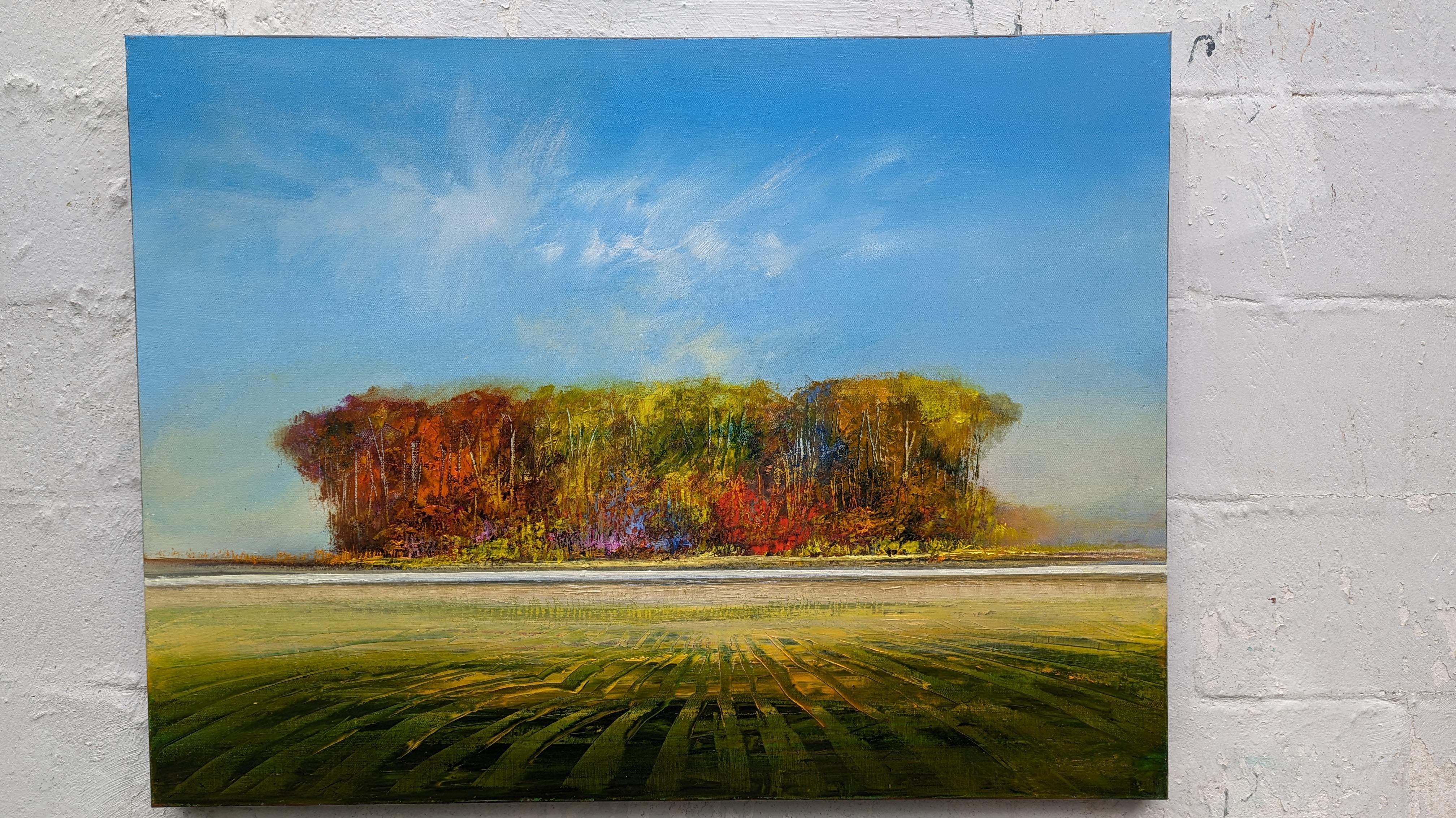 <p>Kommentare des Künstlers<br>Der Künstler George Peebles zeigt in einer expressionistischen Landschaft den Herbst in seiner vollen Pracht. Die grünen Blätter färben sich im Wechsel der Jahreszeiten feurig rot. Atemberaubende Kombinationen von