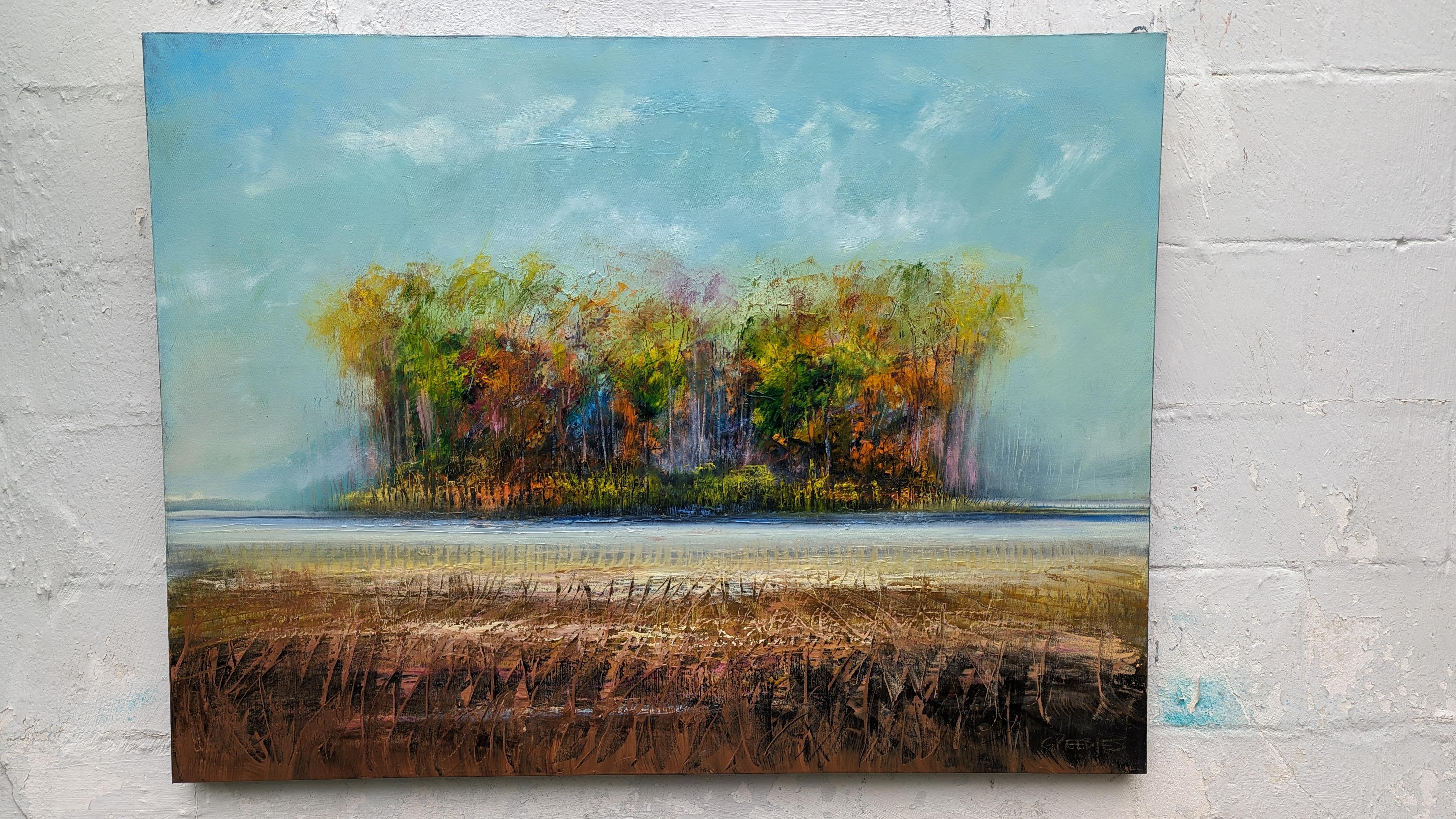 <p>Kommentare des Künstlers<br>Der Künstler George Peebles zeigt eine expressionistische Landschaft, die herbstliche Farbtöne in einem Bereich vereint. Die grünen Blätter färben sich im Wechsel der Jahreszeiten feurig rot. Atemberaubende