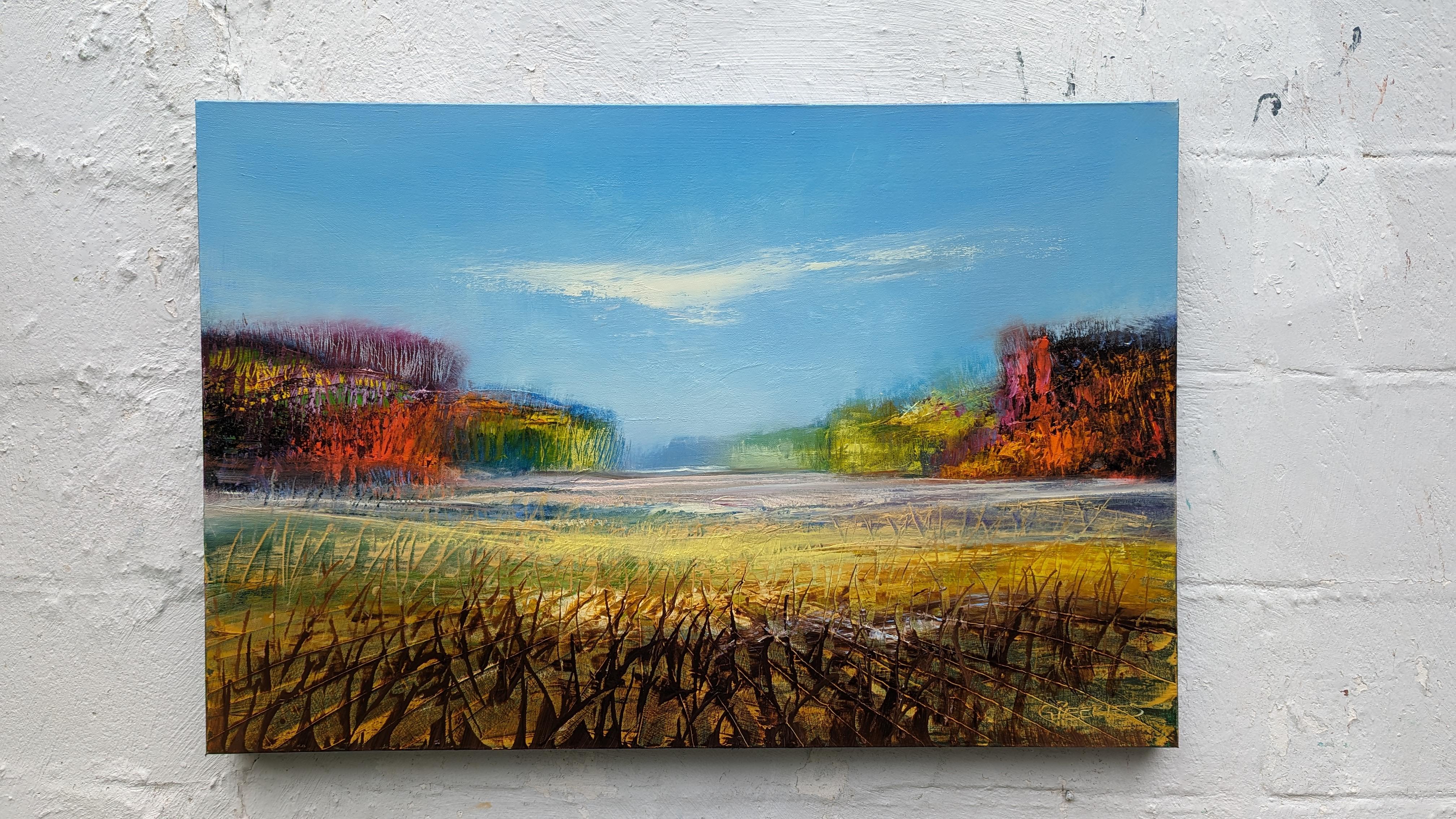 <p>Artist Comments<br>Artist George Peebles presents an expressionist landscape shifting as autumn approaches. The green leaves turn a fiery red as the season changes. George paints light and wispy clouds drifting along the bright blue sky.