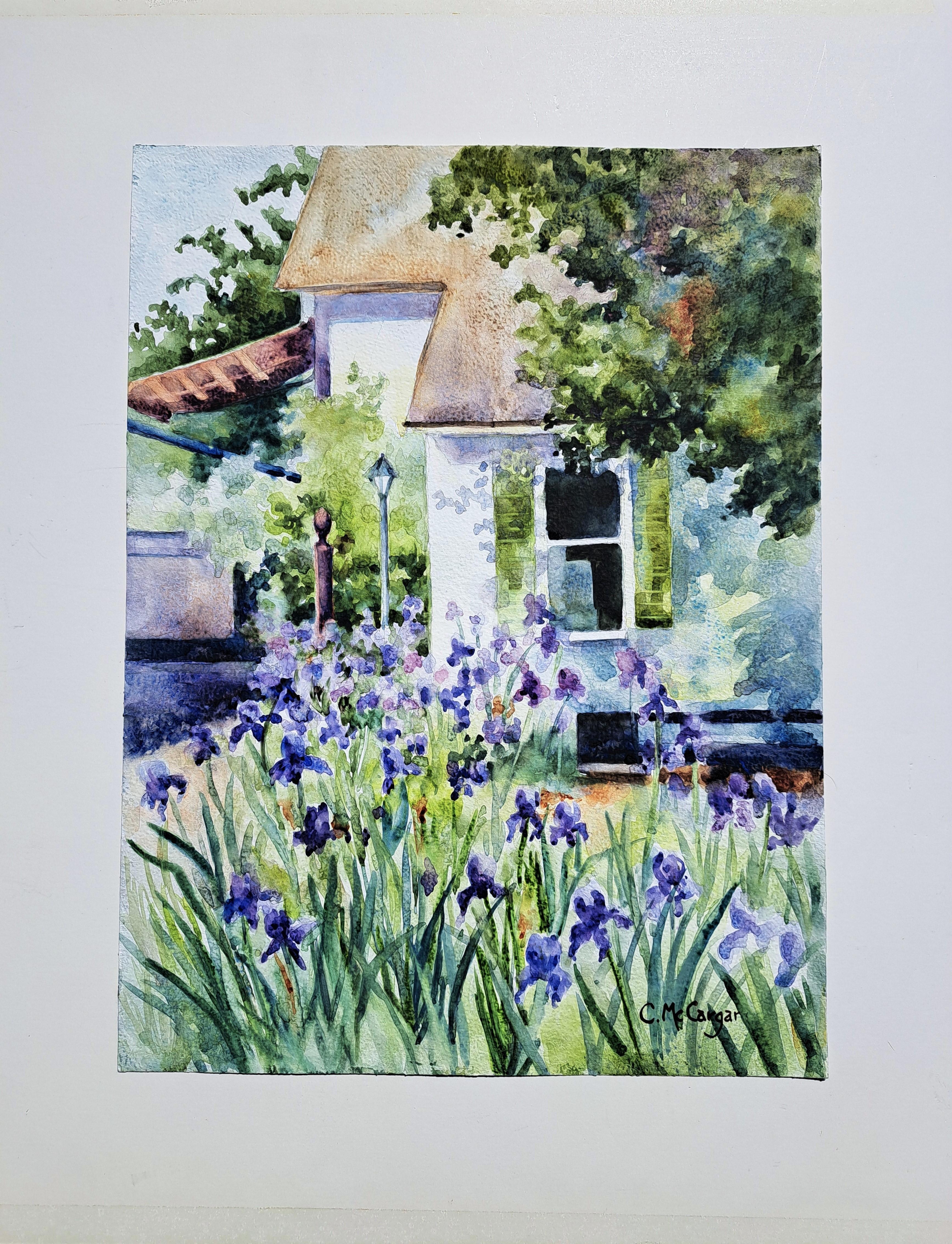 French Laundry Irises, Original Painting - Impressionist Art by Catherine McCargar