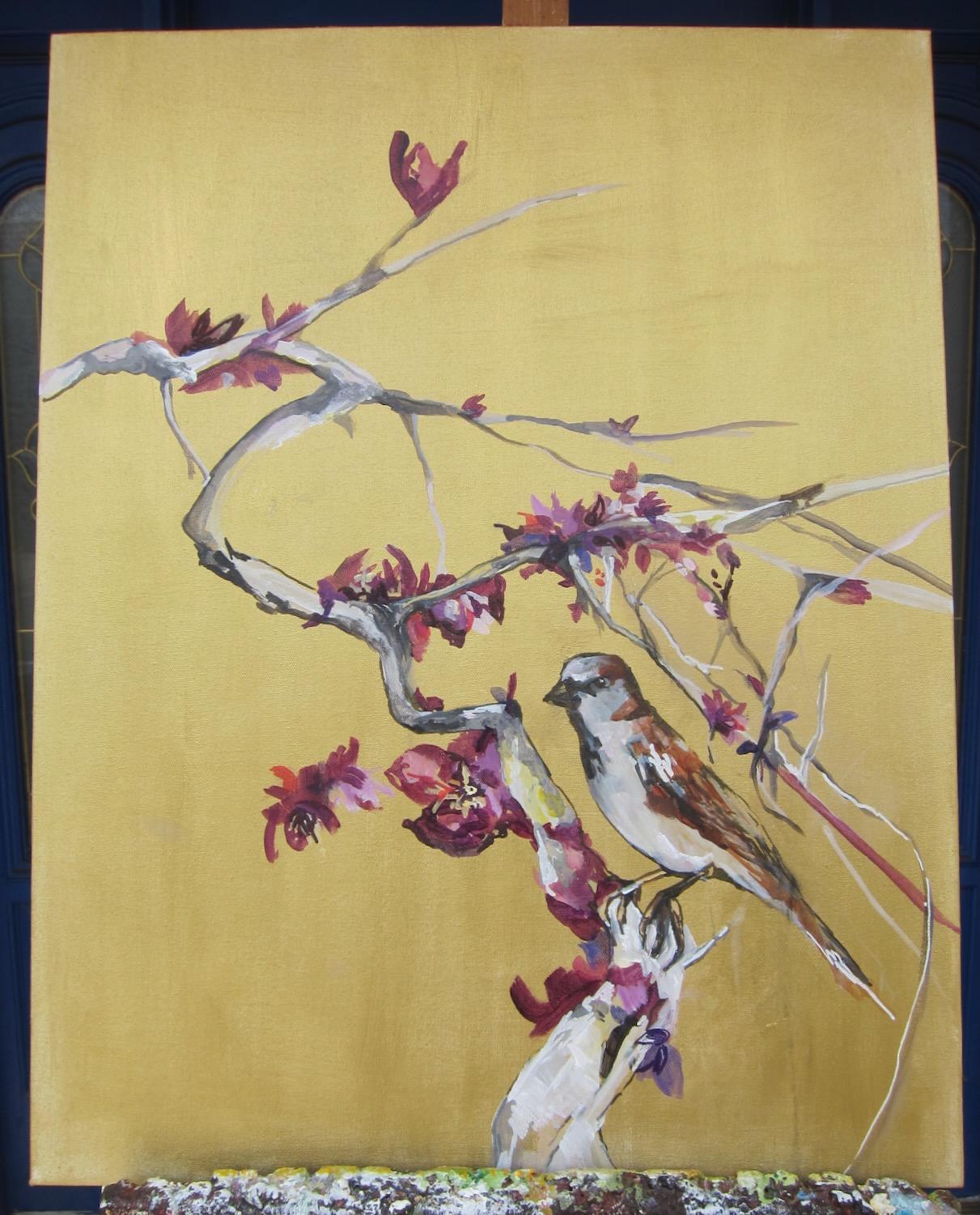 <p>Commentaires de l'artiste<br>L'artiste Colette Wirz Nauke peint un oiseau perché sur une branche d'arbre. Des fleurs violettes et pourpres enveloppent les troncs et les branches, soulignant la beauté des floraisons. Collete crée une atmosphère