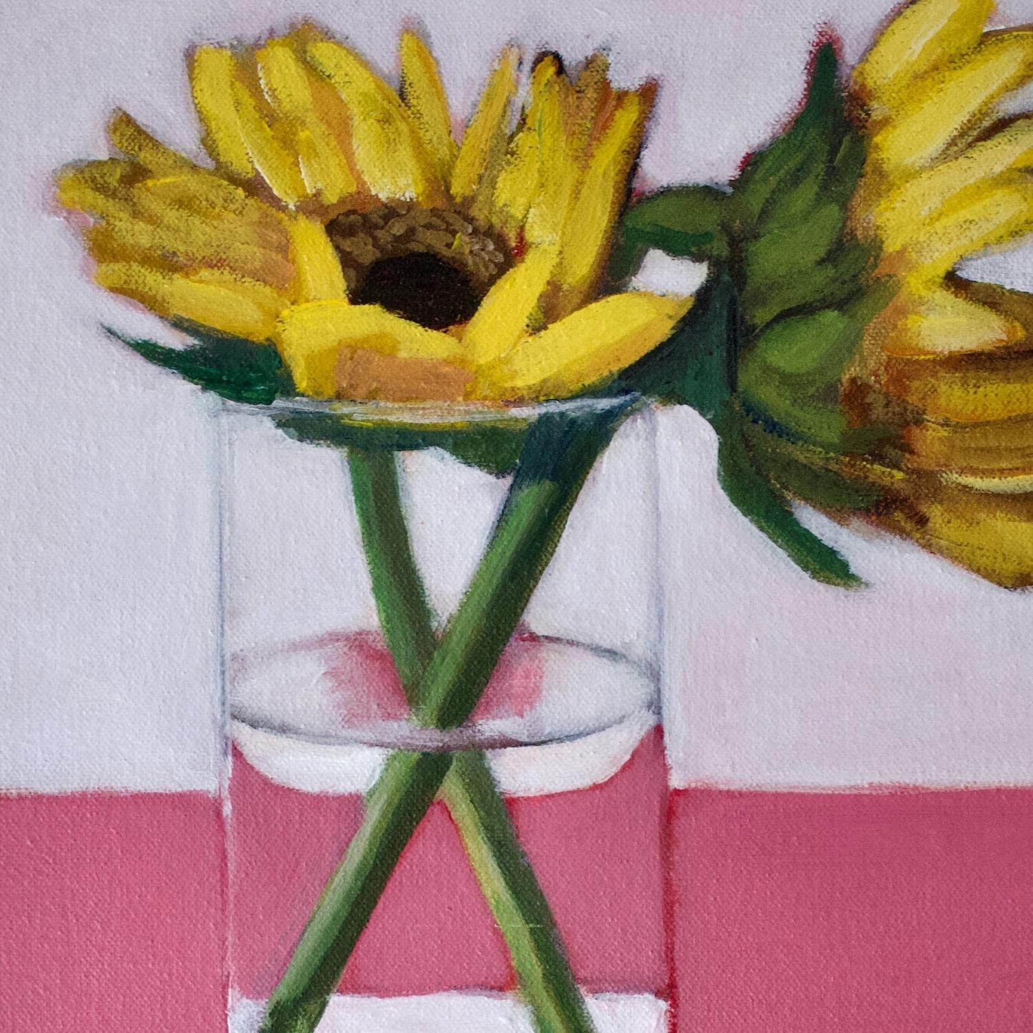 <p>Artist Comments<br />Artist Carey Parks illustrates an impressionist still-life of two sunflowers in a glass vase. The oblique elongated stems create a simple yet elegant display. 