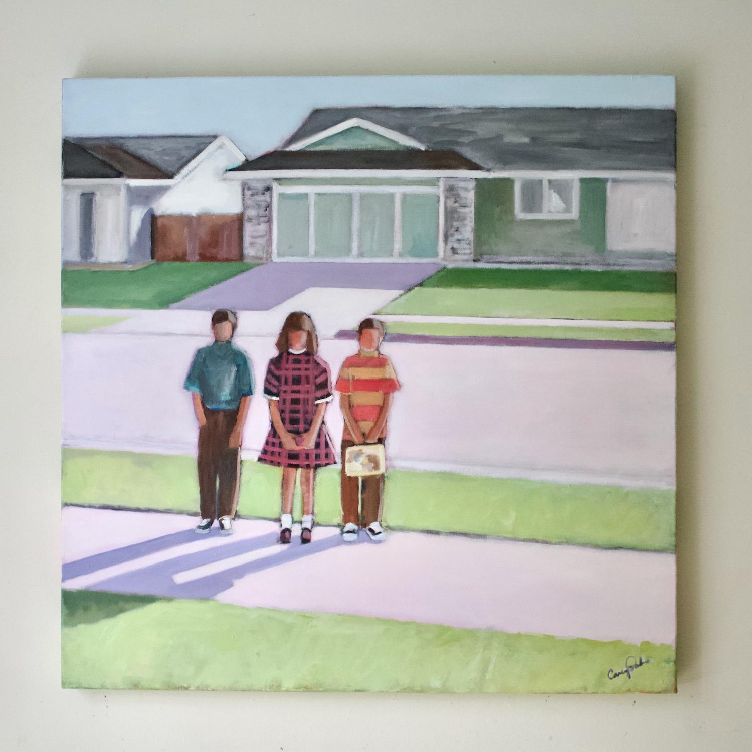 <p>Artist Comments<br>Artist Carey Parks depicts three kids standing outside a suburban neighborhood. She uses an old family photo to capture the essence of moments long agoâ€”of herself, her brother, and a friend. 