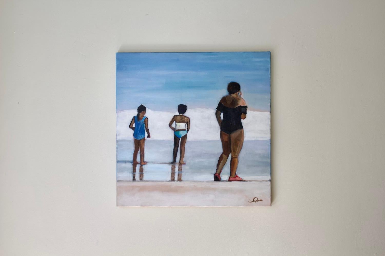 <p>Artist Comments<br>Artist Carey Parks displays a family of three frolicking on the beach. 