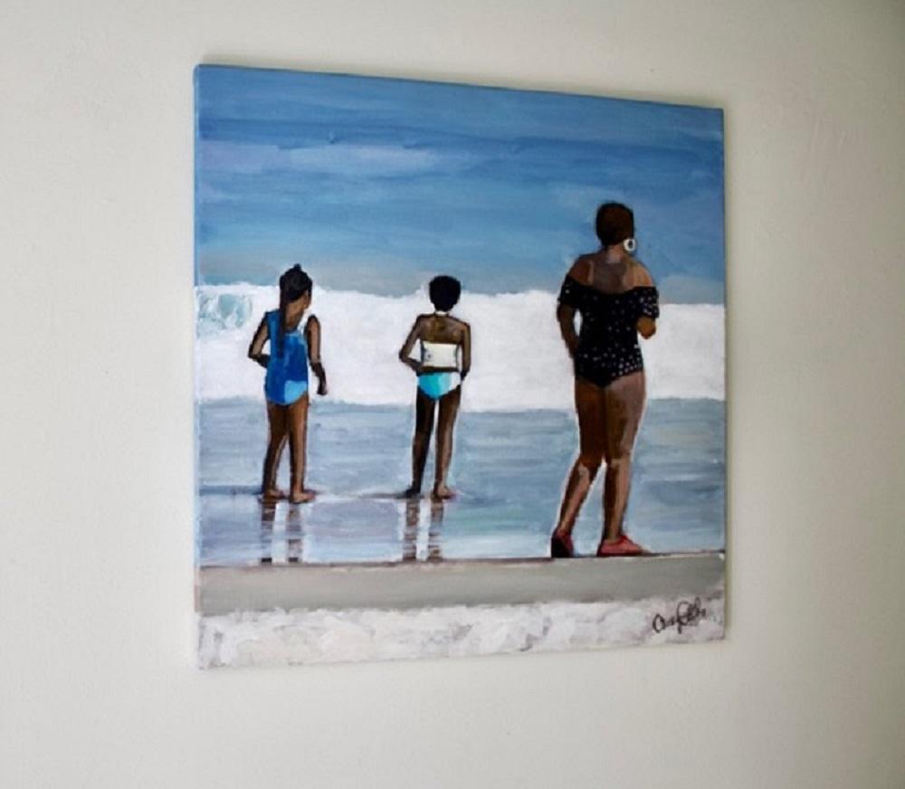 <p>Artist Comments<br />Artist Carey Parks displays a family of three frolicking on the beach. 