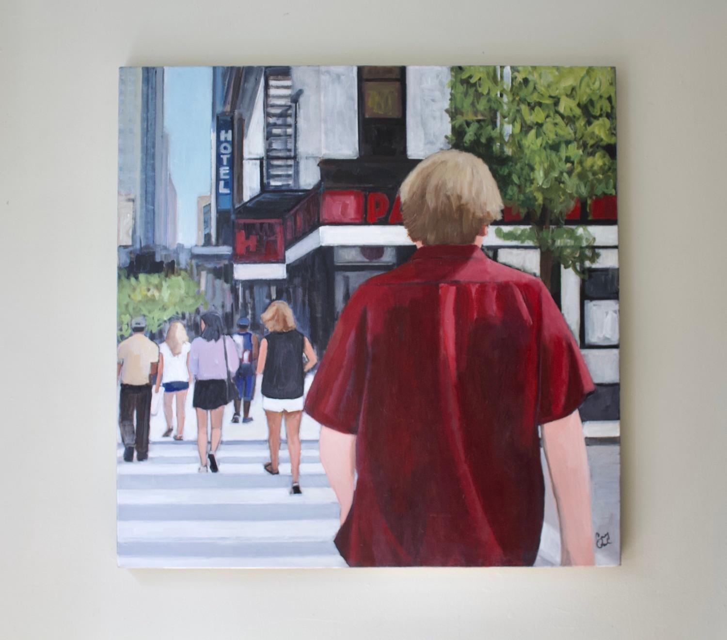 <p>Artist Comments<br>Artist Carey Parks shares a striking viewpoint of a busy day at an urban crosswalk. She illustrates numerous people hurriedly crossing the impressionist cityscape. 