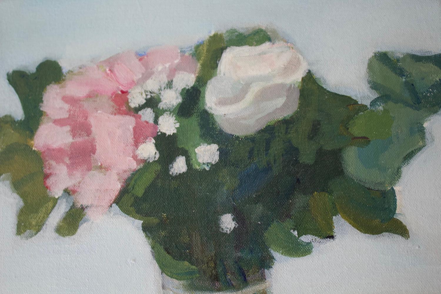 <p>Kommentare des Künstlers<br>Der Künstler Carey Parks präsentiert ein impressionistisches Stillleben mit zierlichen Blumen auf einem Glaszylinder. Carey nimmt einen kleinen Strauß aus einem großen Blumenbouquet und malt das Bild in ihrem Studio.