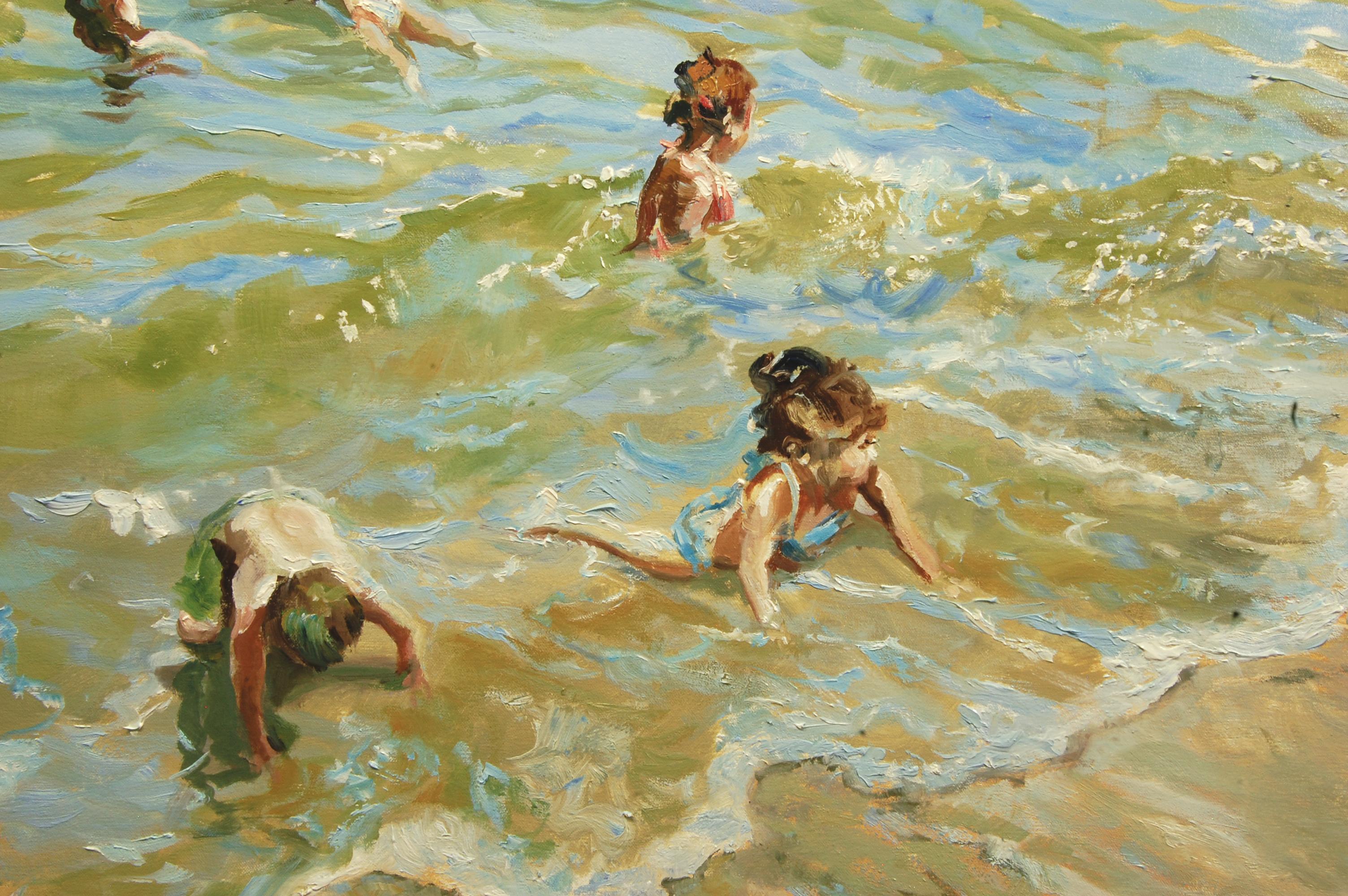 Children Along the Seashore, Oil Painting For Sale 1