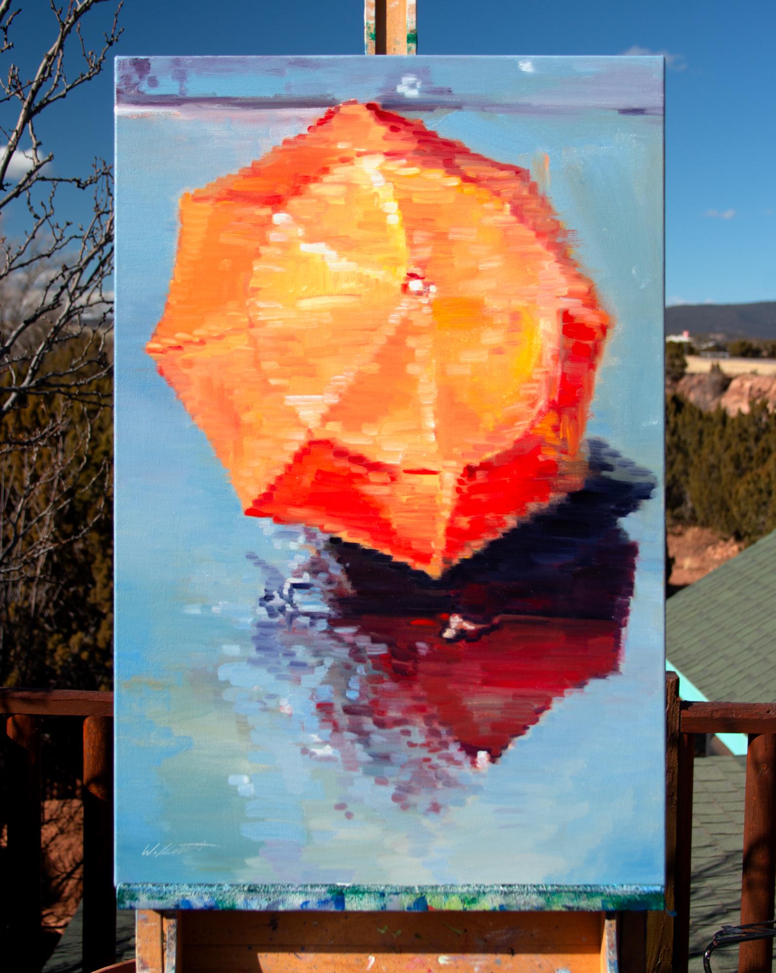 <p>Artist Comments<br>Artist Warren Keating exhibits a  motion-filled painting of an aerial view of an orange umbrella in the rain. He draws inspiration from witnessing the scene firsthand from his hotel balcony in Paris. Using his signature