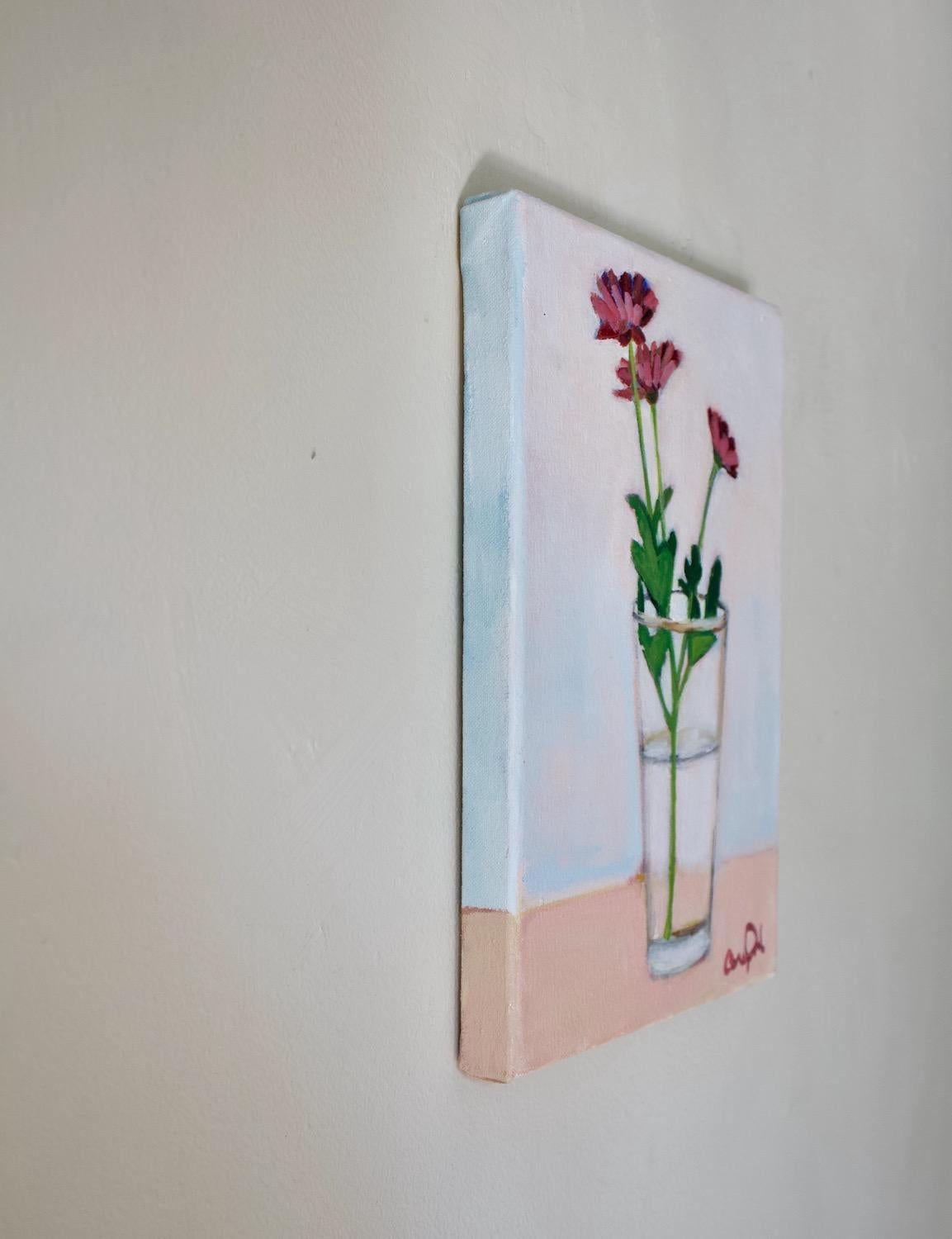 <p>Artist Comments<br>Artist Carey Parks displays a still life of red flowers arranged on a glass. Her impressionist style depicts the petals with a soft velvety feel. She paints pastel pink and blue tones in the background that help bring out the