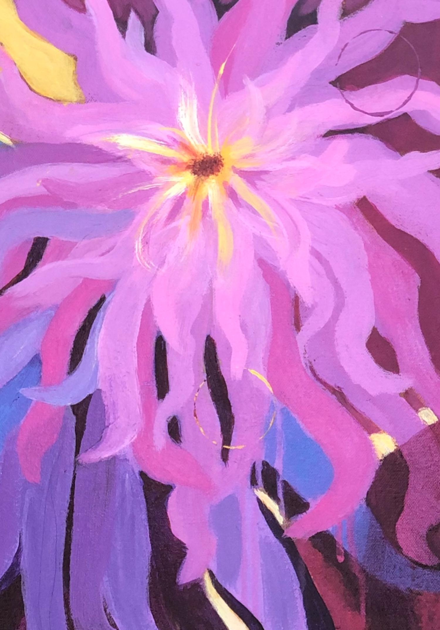 <p>Kommentare der Künstlerin<br>Die Künstlerin Jodi Dann zeigt einen Blick auf leuchtend rosa Dahlien. Weinblasen schweben im Hintergrund, während die blühenden Blumen gedeihen. 