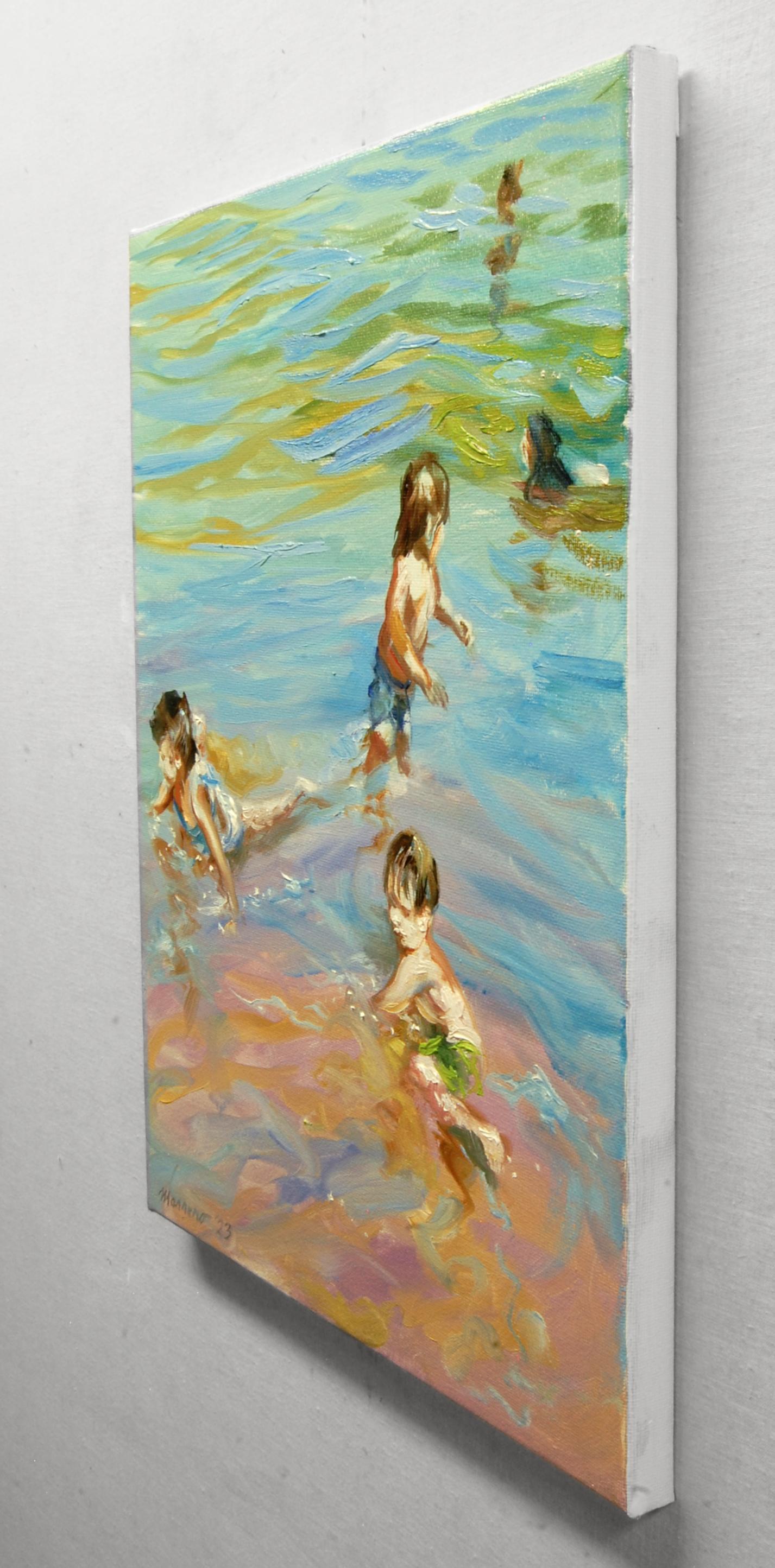 <p>Artist Comments<br>Artist Onelio Marrero shares a tender moment of children swimming by the sea. Part of a series of summer paintings that explores the cheerful spirit of youth. His execution gives evidence of the influence of Sorolla's