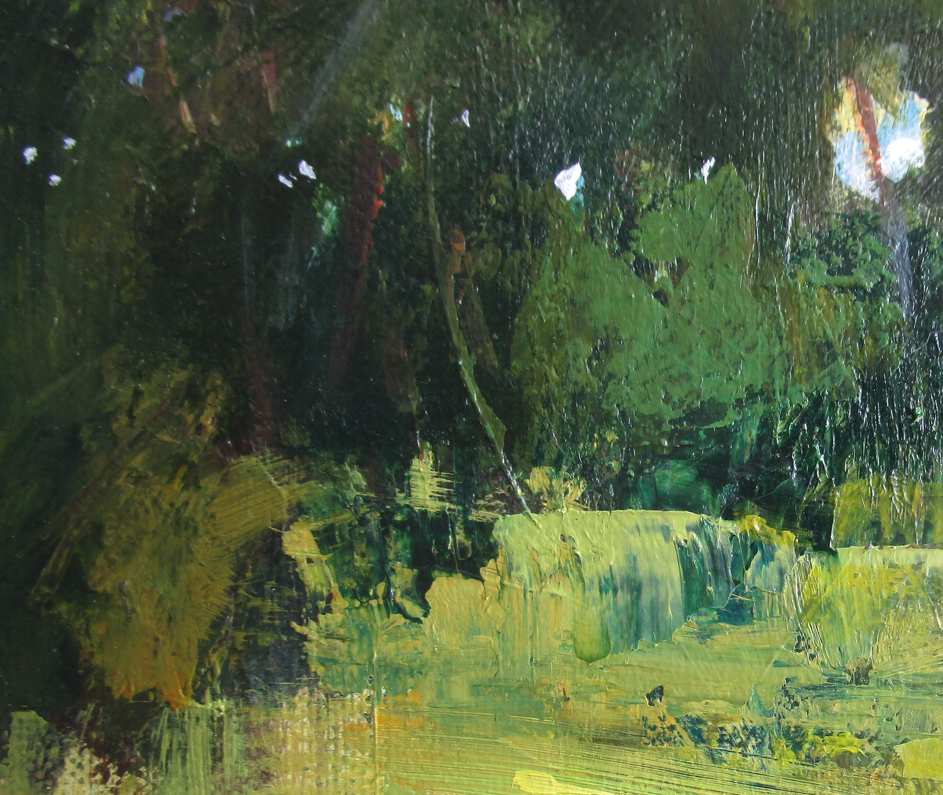 <p>Kommentare des Künstlers<br>Die Künstlerin Janet Dyer präsentiert eine impressionistische Wiese in der Nähe eines kleinen Teiches. 