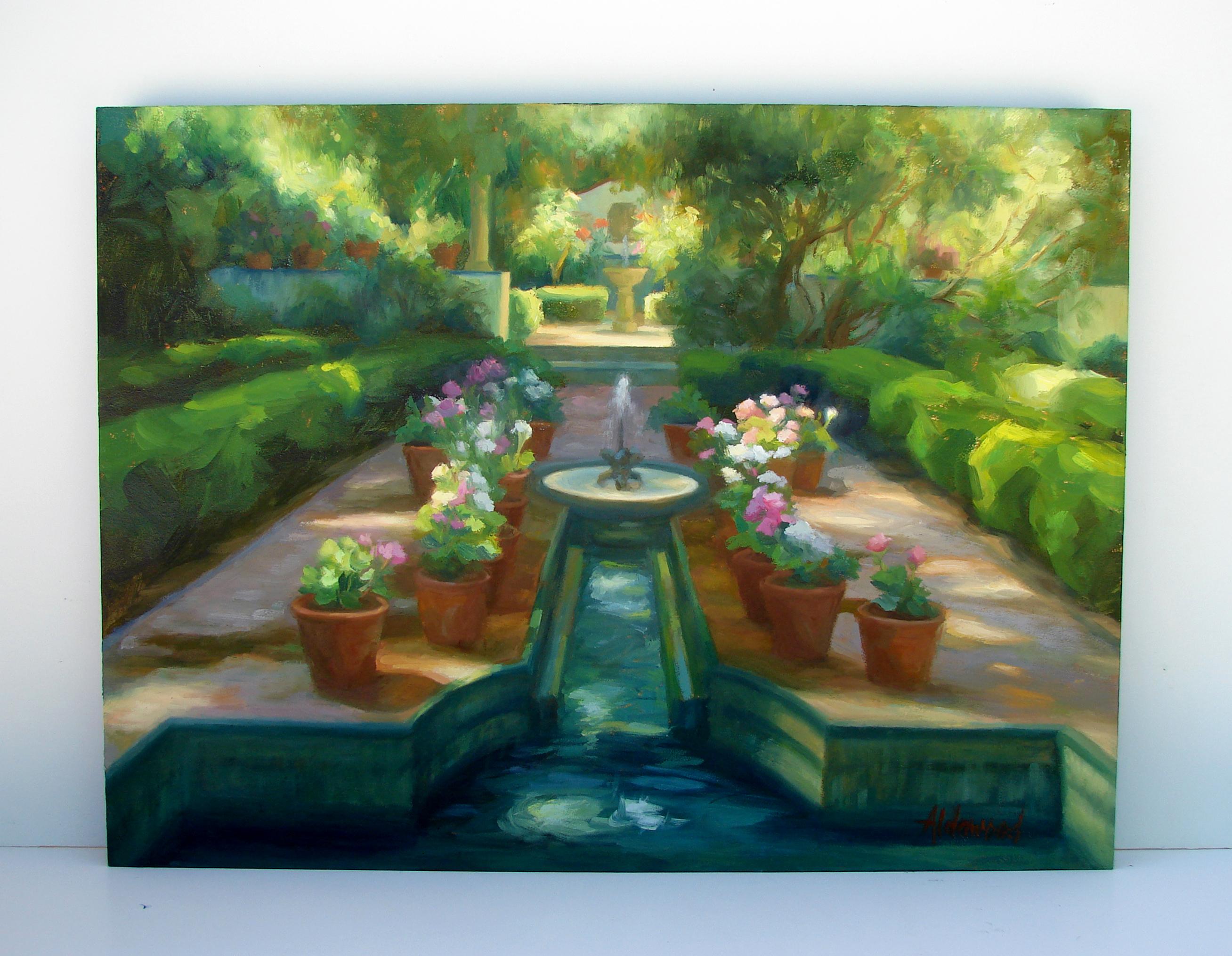 <p>Commentaires de l'artiste<br />Une fontaine coule au centre d'un jardin élégant dans l'œuvre impressionniste de l'artiste Sherri Aldawood. 