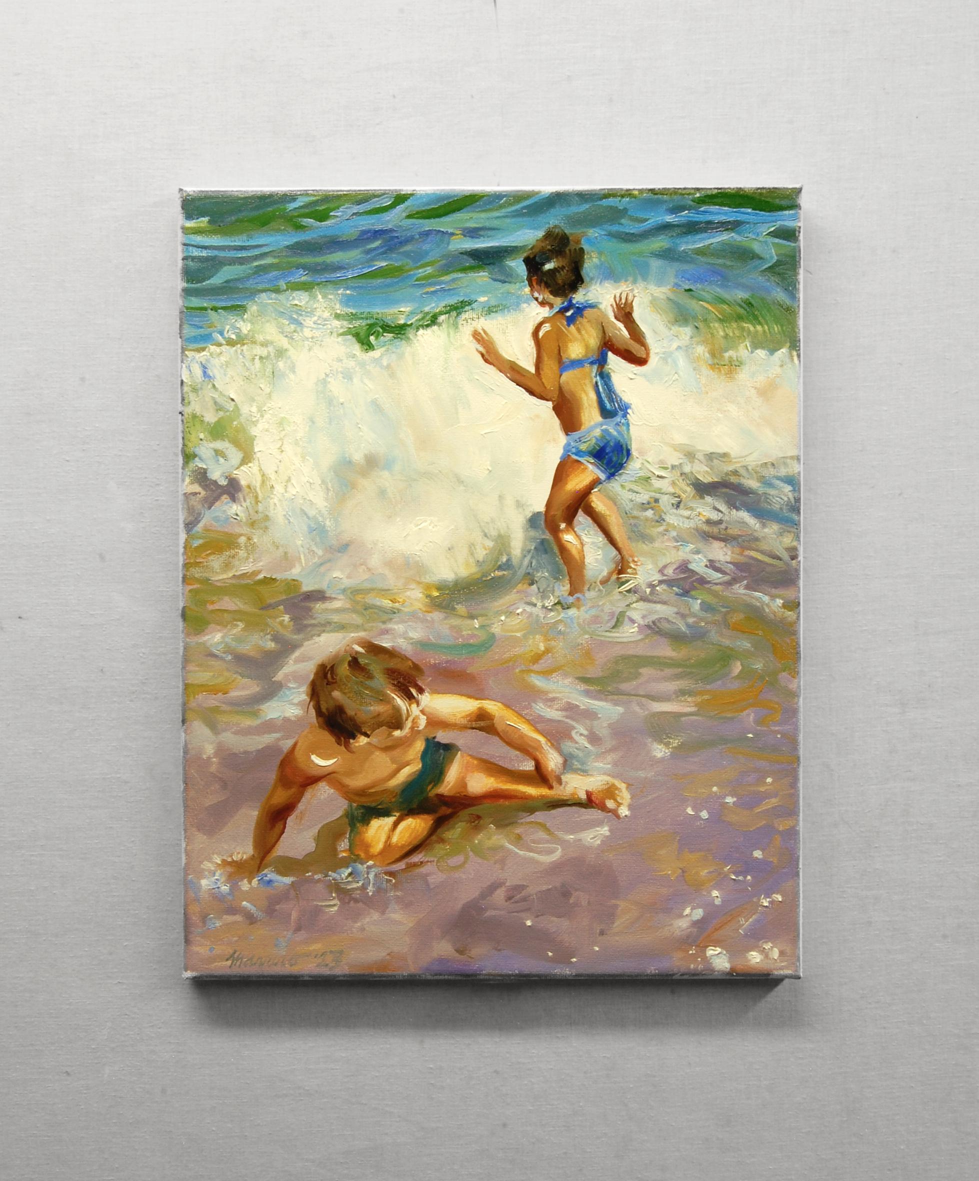 <p>Artist Comments<br>Artist Onelio Marrero depicts two carefree children playing in the surf. Part of a series of summer paintings that explores the joyful spirit of youth. His execution gives evidence of the influence of Sorolla's lighthearted