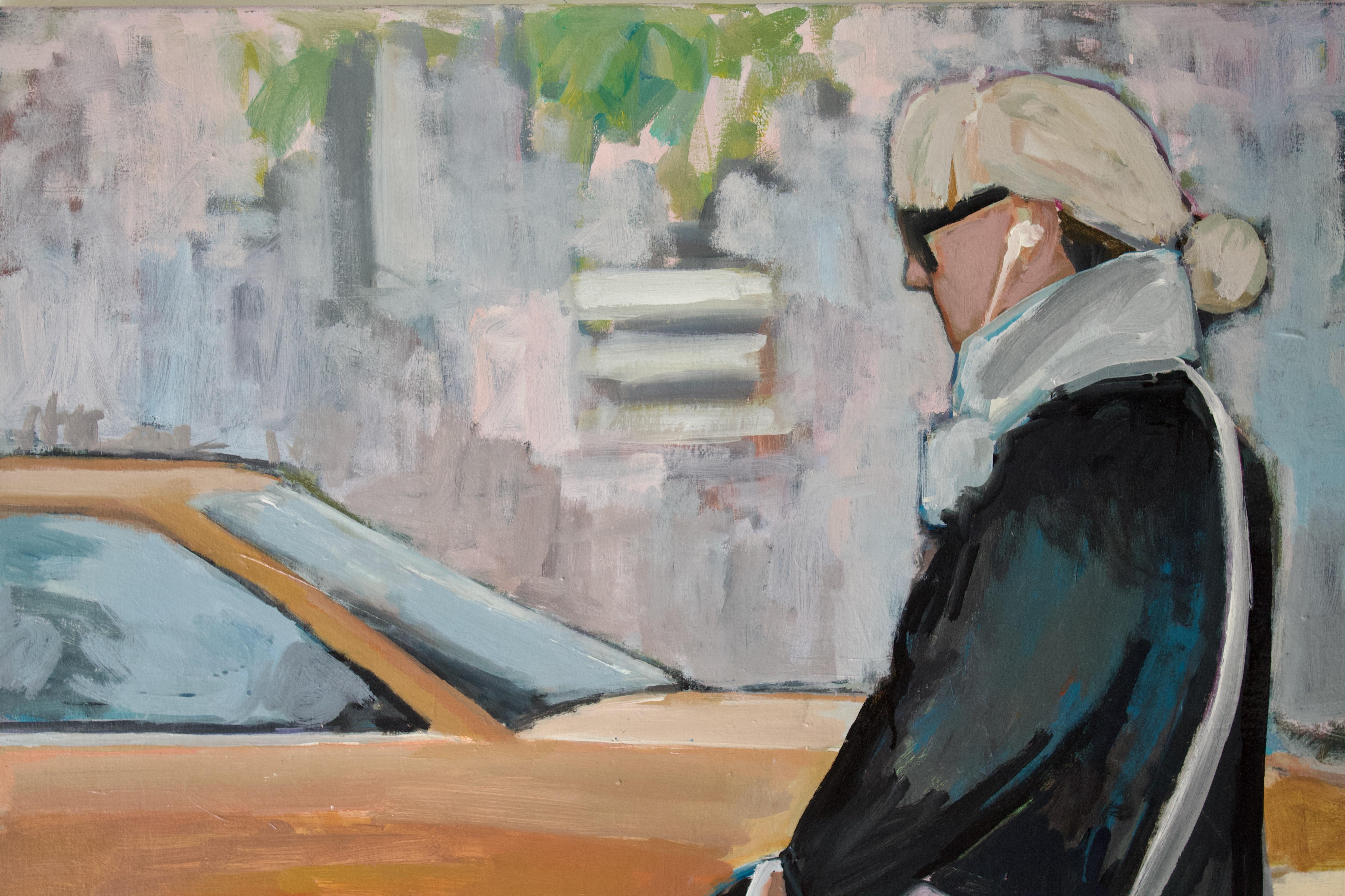 Walking in Midtown, peinture originale - Gris Figurative Painting par Carey Parks