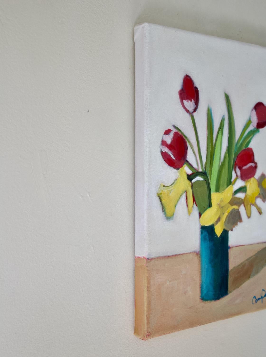 <p>Artist Comments<br>Artist Carey Parks illustrates a vibrant spring bouquet on a dark turquoise vase. She cuts the tulips and daffodils directly from her garden and arranges them in her studio for reference. Her impressionist style depicts the