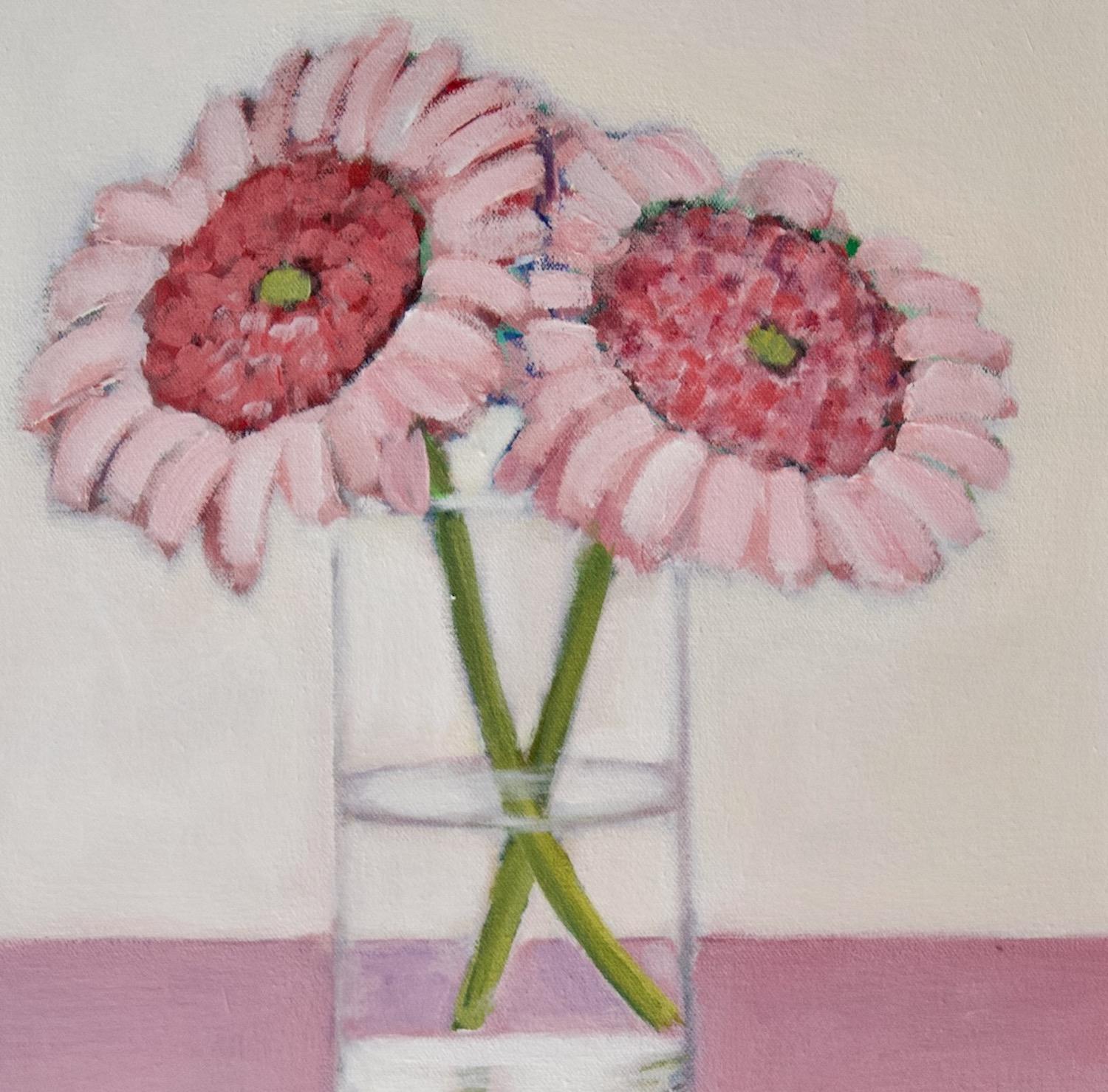 <p>Artist Comments<br>Artist Carey Parks paints two pink flowers in a glass vase. Her impressionist style depicts the petals with a soft velvety feel. The oversized nature of the blooms balances the entire composition in contrast to its vessel.