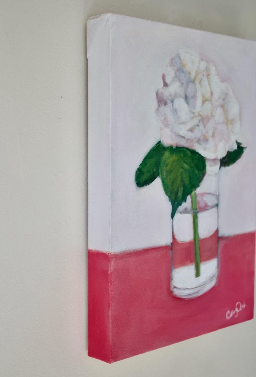 <p>Artist Comments<br>Artist Carey Parks illustrates a single hydrangea in a glass vase imposed on a background with a similar hue. Her impressionist style depicts the petals and leaves with a soft velvety feel. She takes inspiration from an almost