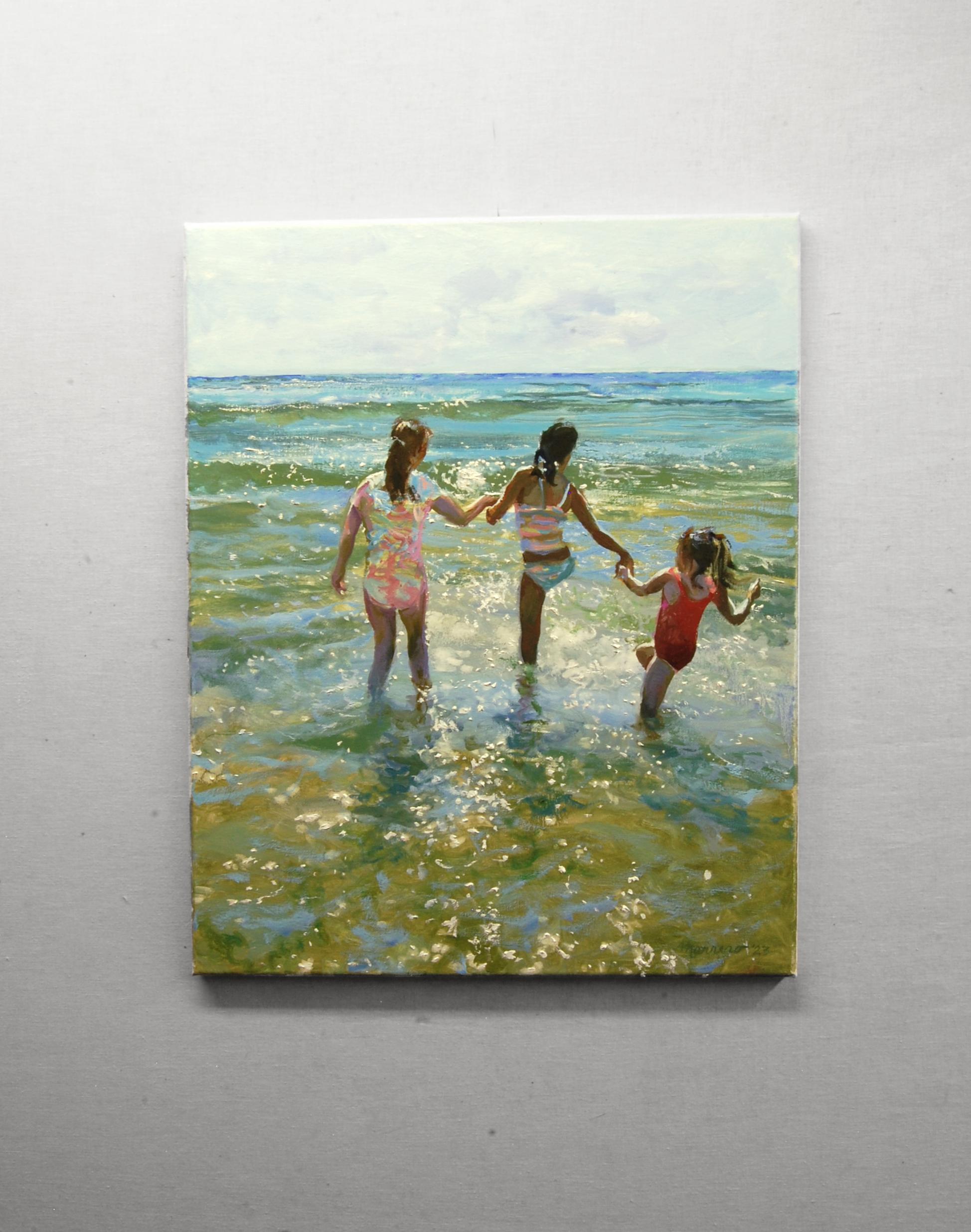 <p>Artist Comments<br>Artist Onelio Marrero paints three little girls splashing in the surf. His execution gives evidence of the influence of Sorolla's paintings of similar subjects. The movement and reflections on the water come alive in brilliant