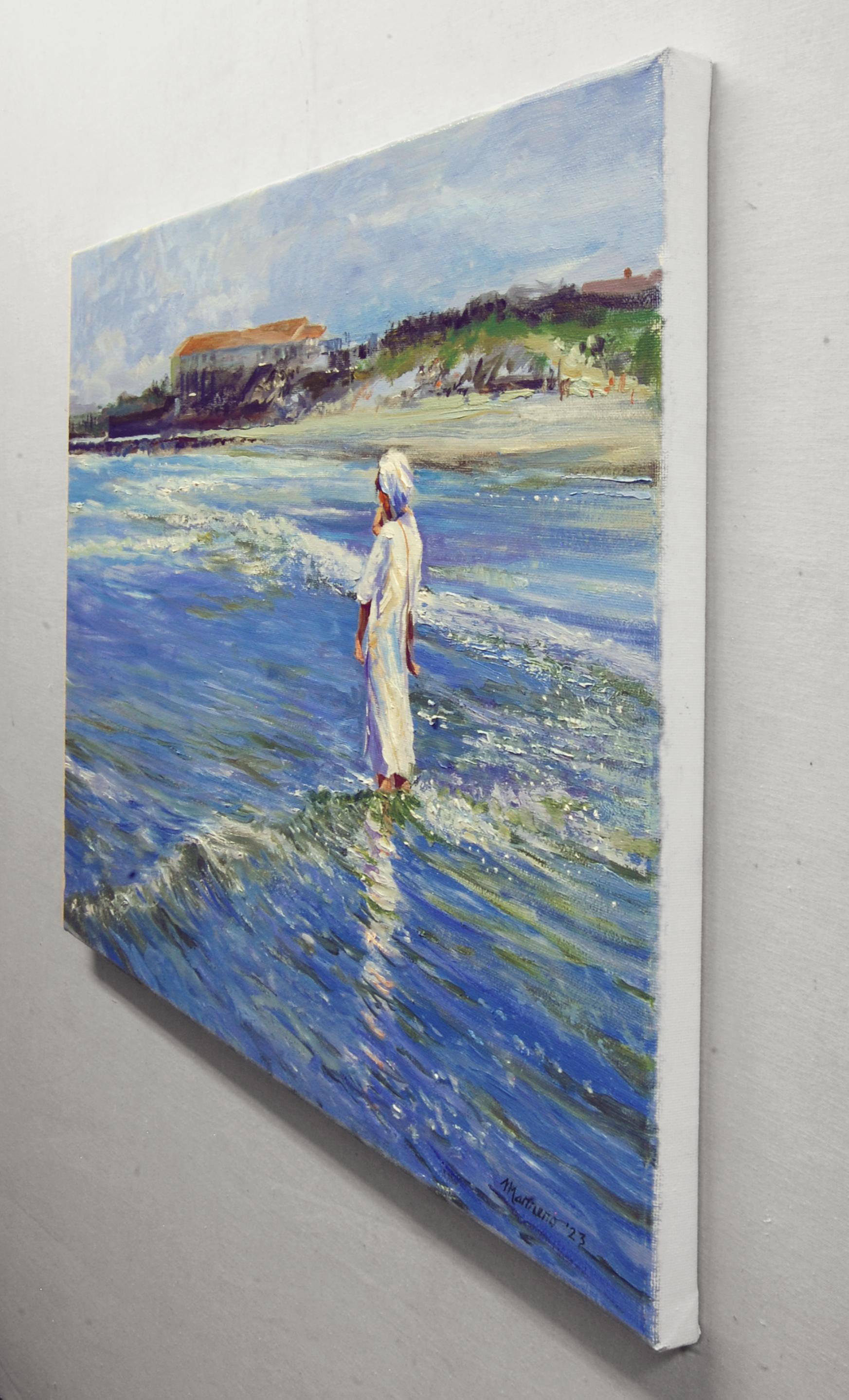 Hasidic Mother And Child In The Surf, Oil Painting - Impressionist Art by Onelio Marrero