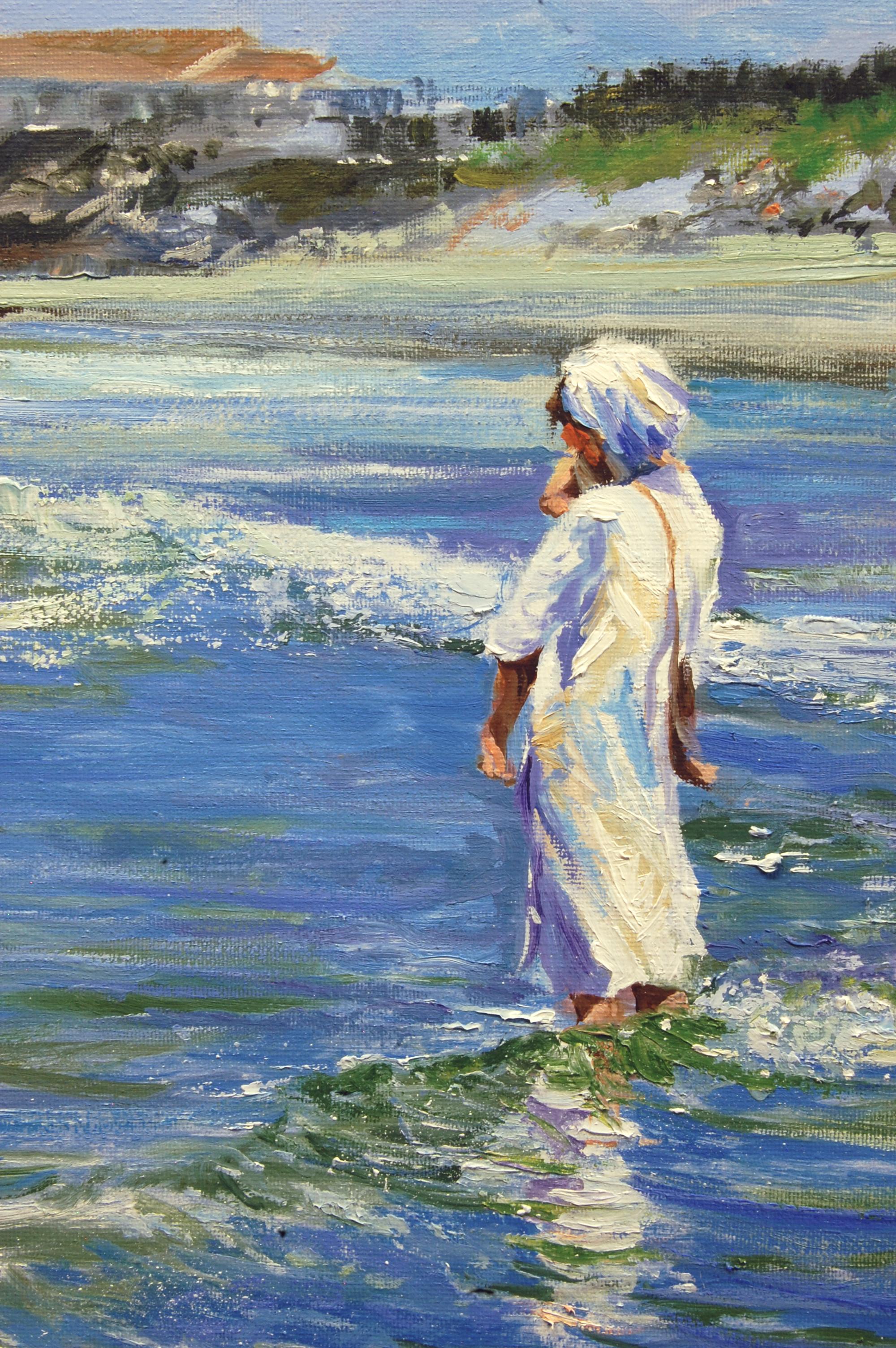 Hasidic Mother And Child In The Surf, Oil Painting For Sale 1