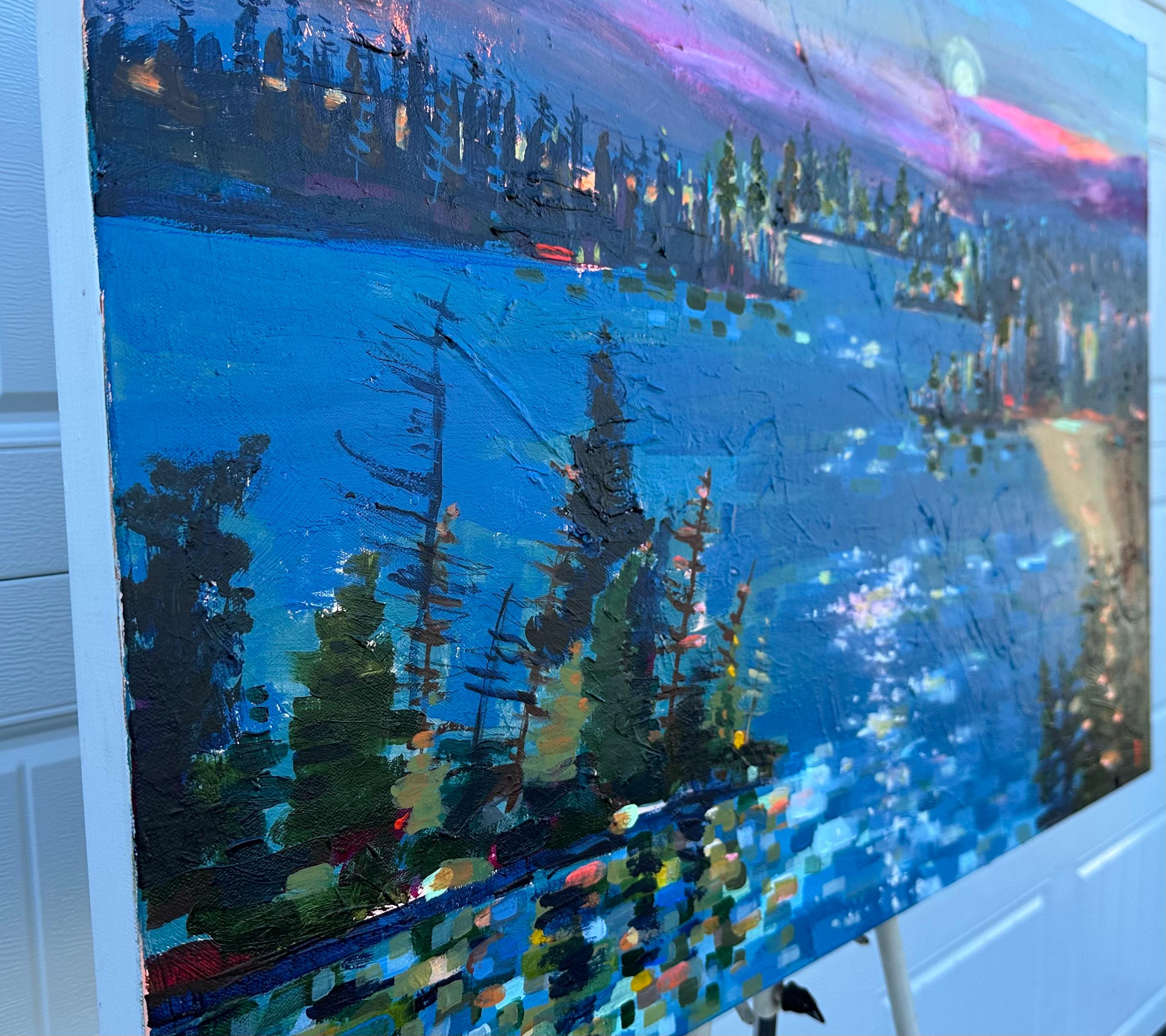 Auguri di luna sul lago, dipinto originale - Art Espressionista di Rebecca Klementovich