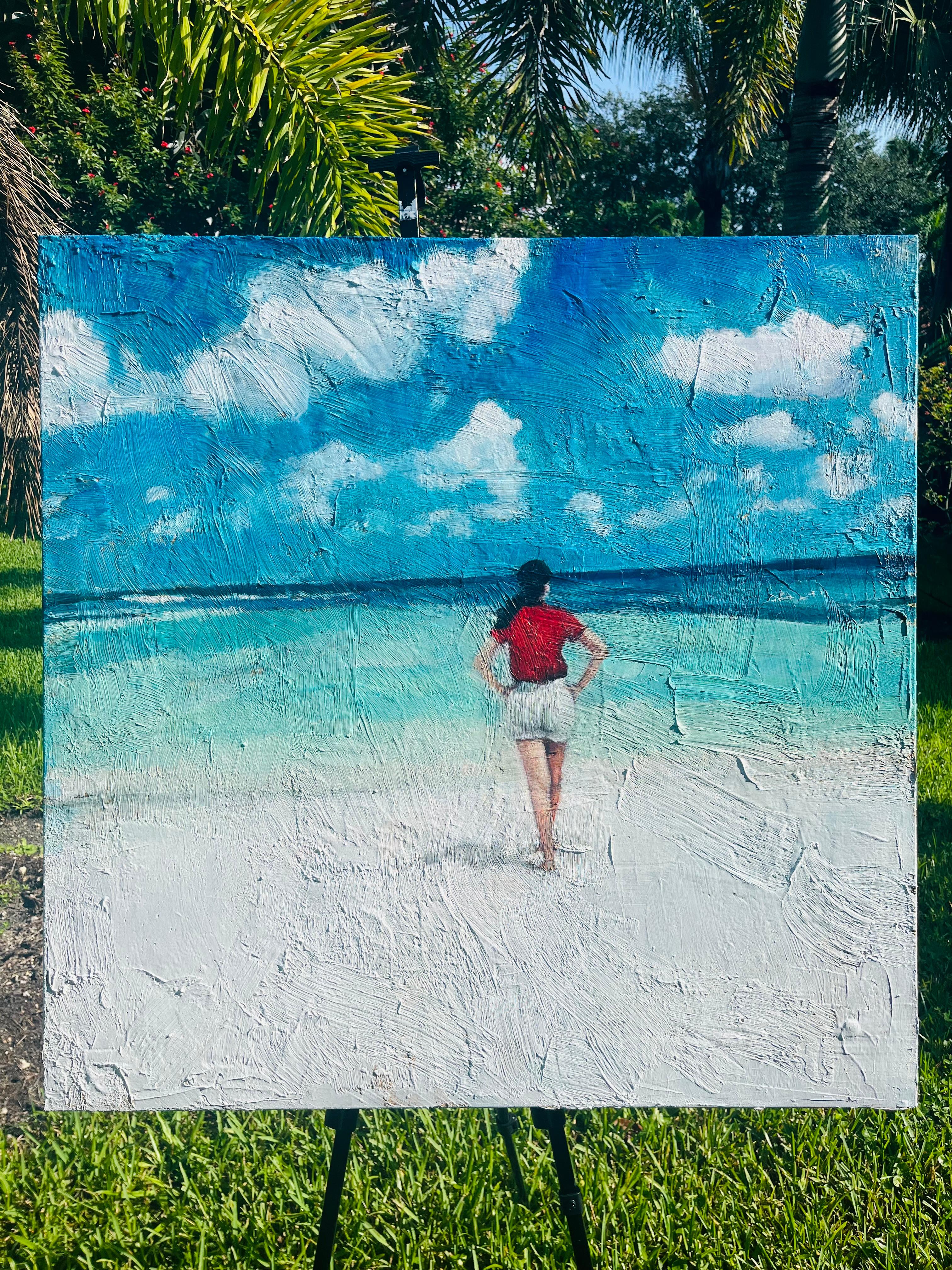 <p>Kommentare der Künstlerin<br>Die Künstlerin Nava Lundy malt eine junge Frau, die an einem unberührten Strand mit feinem weißen Sand spazieren geht, der zu einem kristallklaren türkisfarbenen Meer führt. Sie schaut in die Ferne, während flauschige