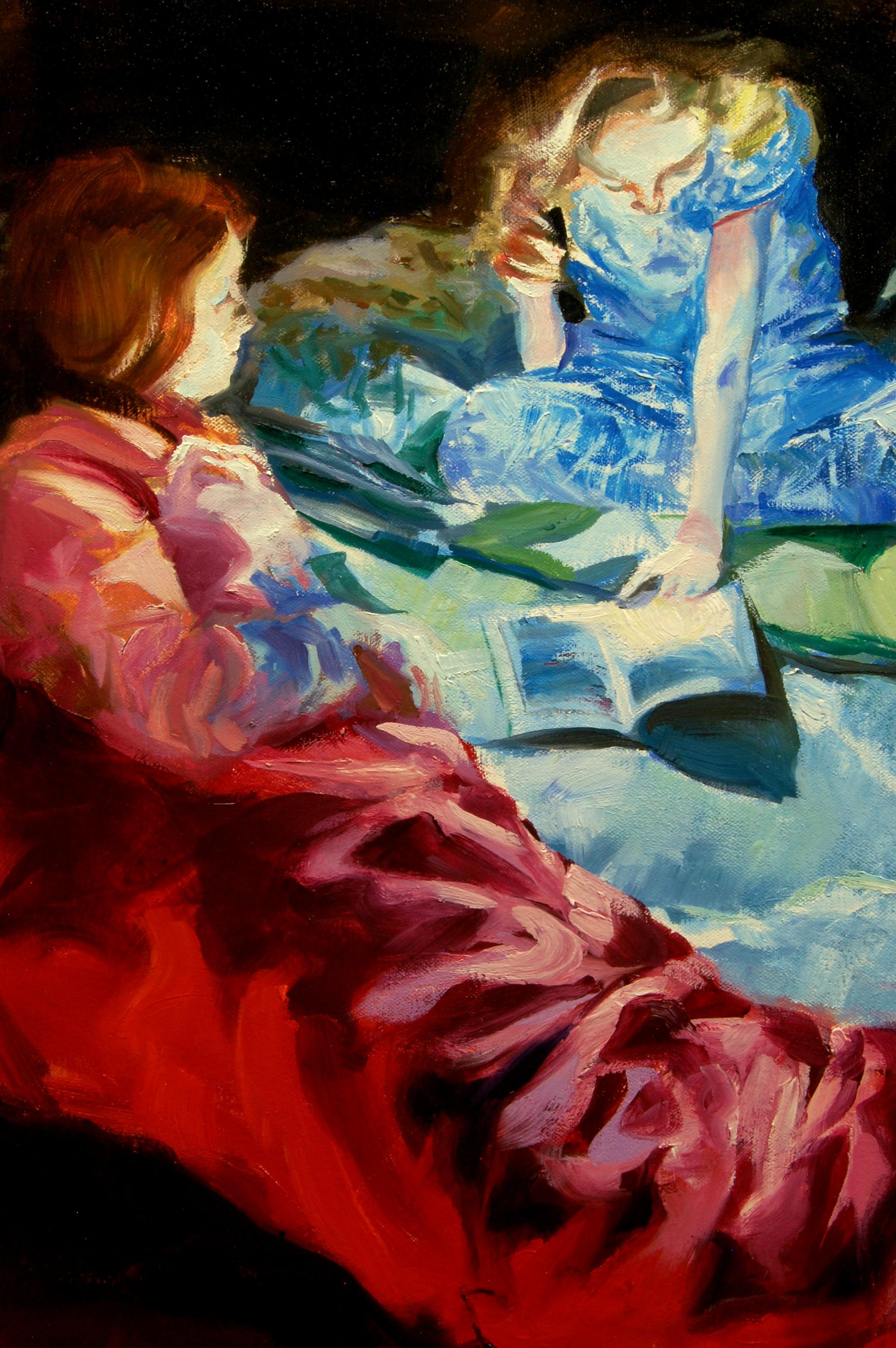 <p>Artist Comments<br>Artist Onelio Marrero paints an endearing moment of two young girls having a slumber party. They are reading in a dimly lit room, illuminated only by a flashlight and the fading dusk behind the blinds. 