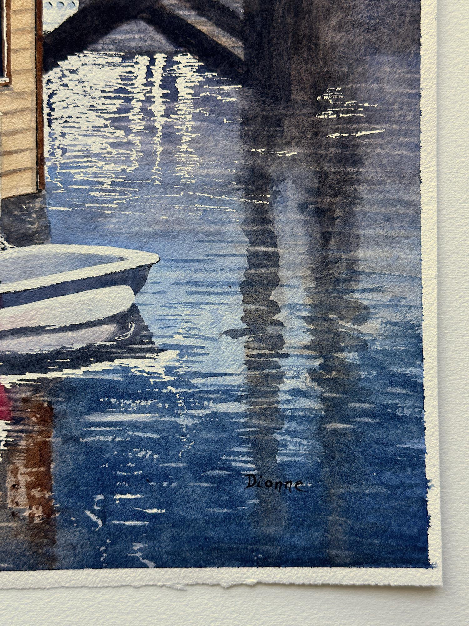 <p>Artist Comments<br>Drawing inspiration from a boathouse floating on the water at Coal Harbour in Vancouver, artist Maurice Dionne paints this idle watercolor scene. In the foreground, a charming yellow house, and red and white canoes rest on a