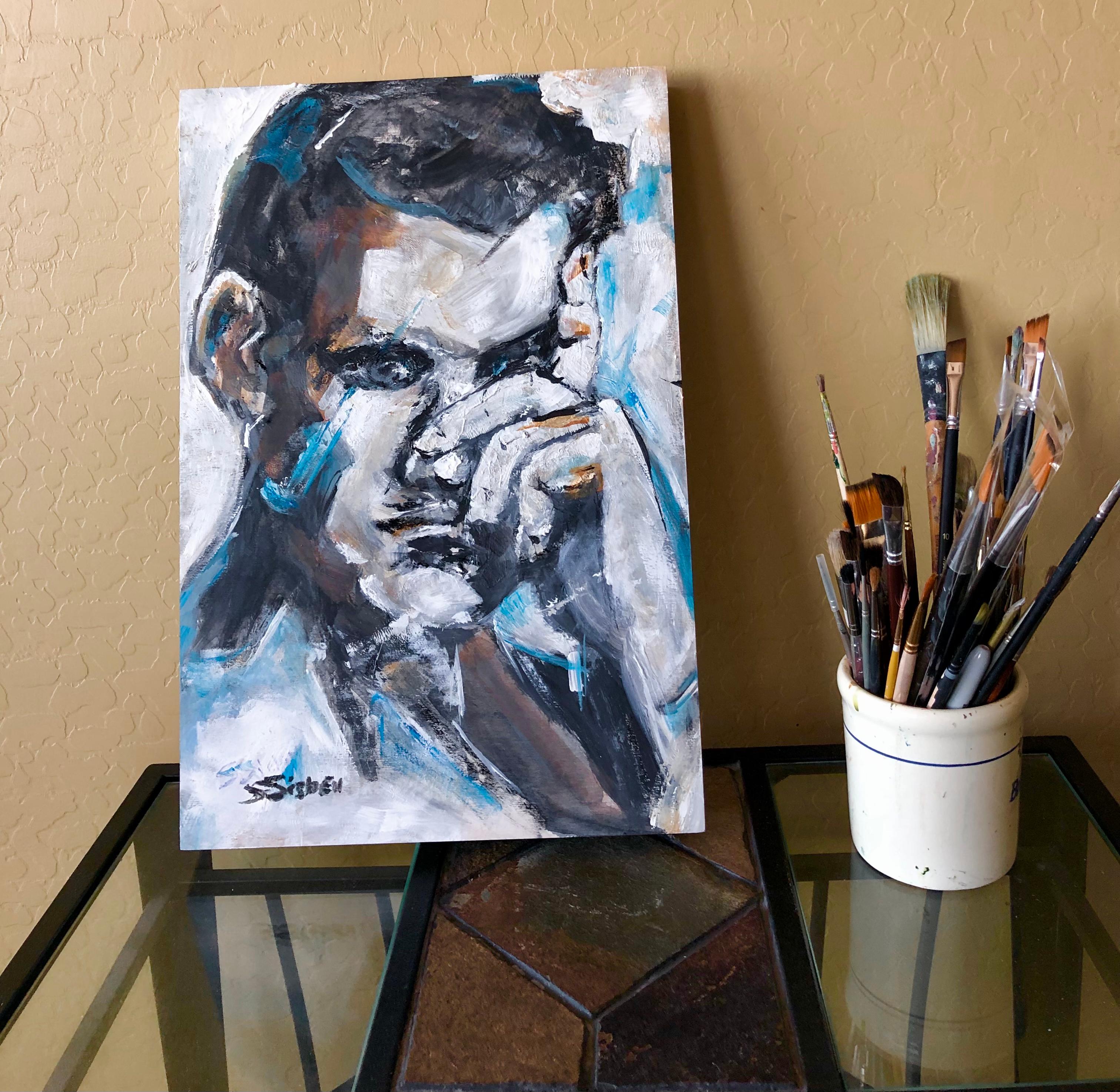 <p>Artist Comments<br />Artist Sharon Sieben creates a stern portrait of a man who, despite his attempt to appear disinterested, finds himself unable to resist the allure of curiosity. The mix of stark and deep tones adds a dramatic effect to the
