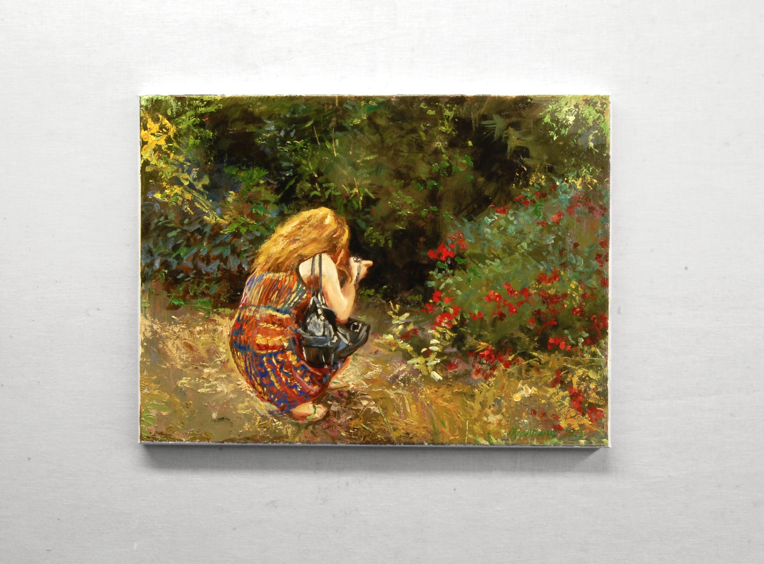 <p>Artist Comments<br>Artist Onelio Marrero portrays his youngest daughter, a photographer, capturing the beauty of nature at the Morris County Arboretum in New Jersey. The painting features exquisite textures made with skillful brushwork and