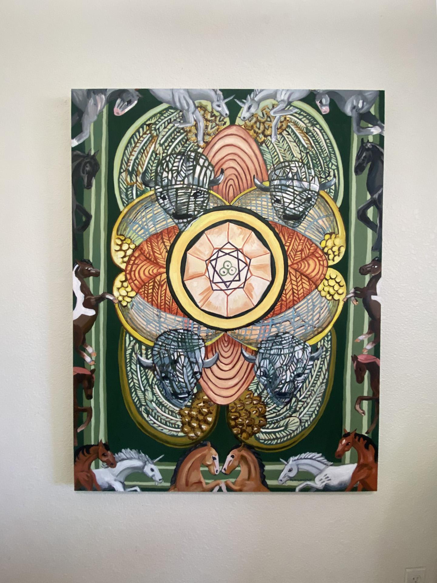 <p>Artist Comments<br />As part of her Rodeo Tarot series, artist Rachel Srinivasan reinterprets the pentacles suit, adorned with galloping horses on the edges. Four bison heads surround the center, offering the composition a magical theme. 