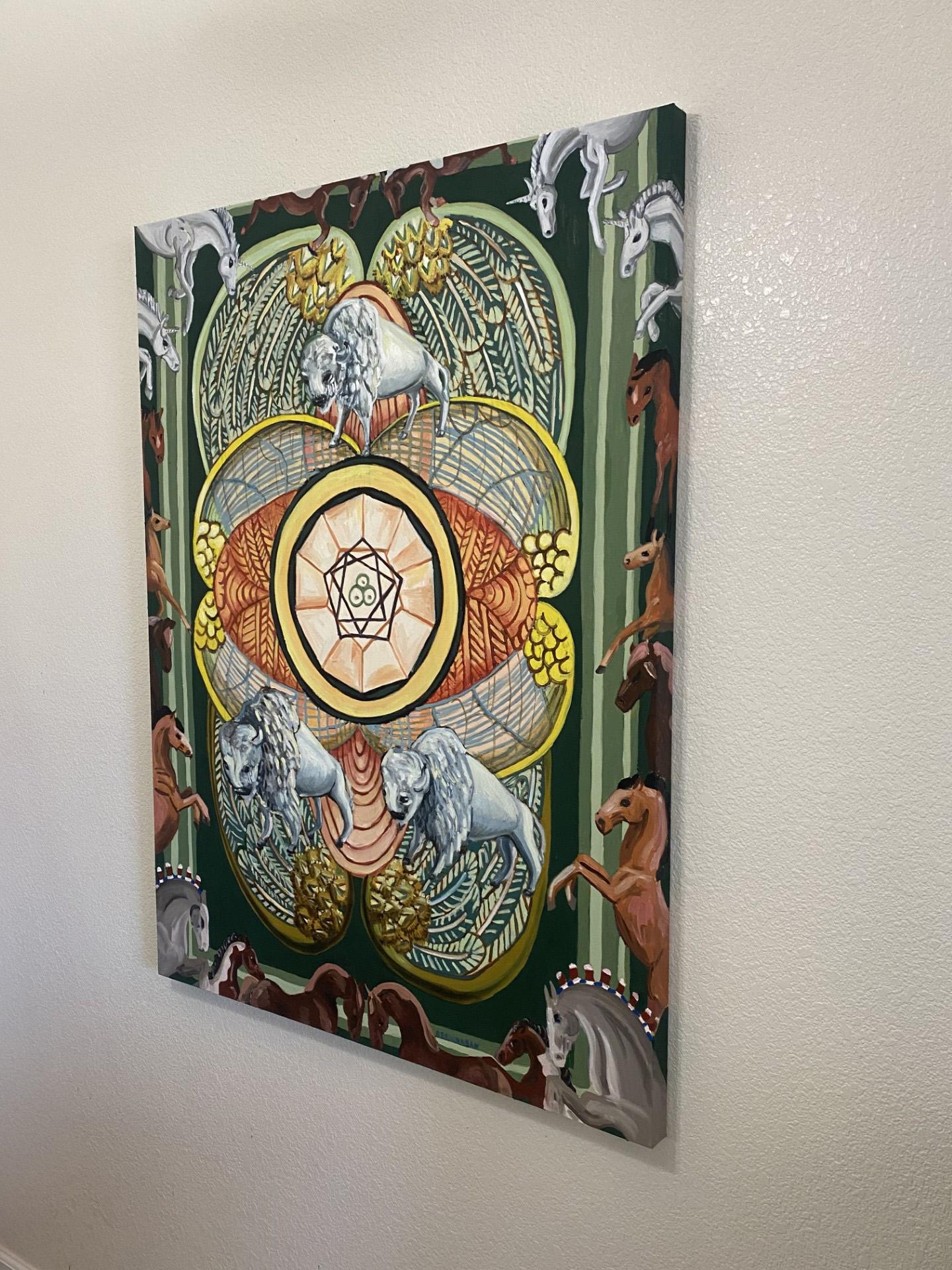 Trois pentacles, peinture à l'huile - Surréalisme Art par Rachel Srinivasan