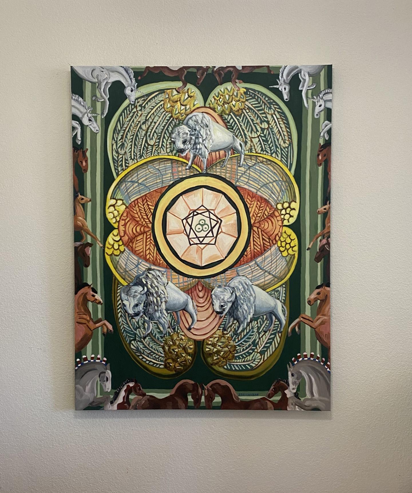 <p>Artist Comments<br />As part of her Rodeo Tarot series, artist Rachel Srinivasan reinterprets the pentacles suit, adorned with galloping horses on the edges. Three white bison form a triangular configuration around the center of the composition.