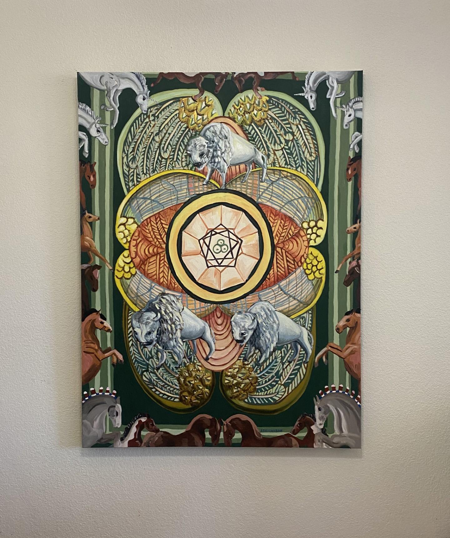 <p>Commentaires de l'artiste<br />Dans le cadre de sa série Rodeo Tarot, l'artiste Rachel Srinivasan réinterprète la combinaison des pentacles, ornée de chevaux au galop sur les bords. Trois bisons blancs forment une configuration triangulaire