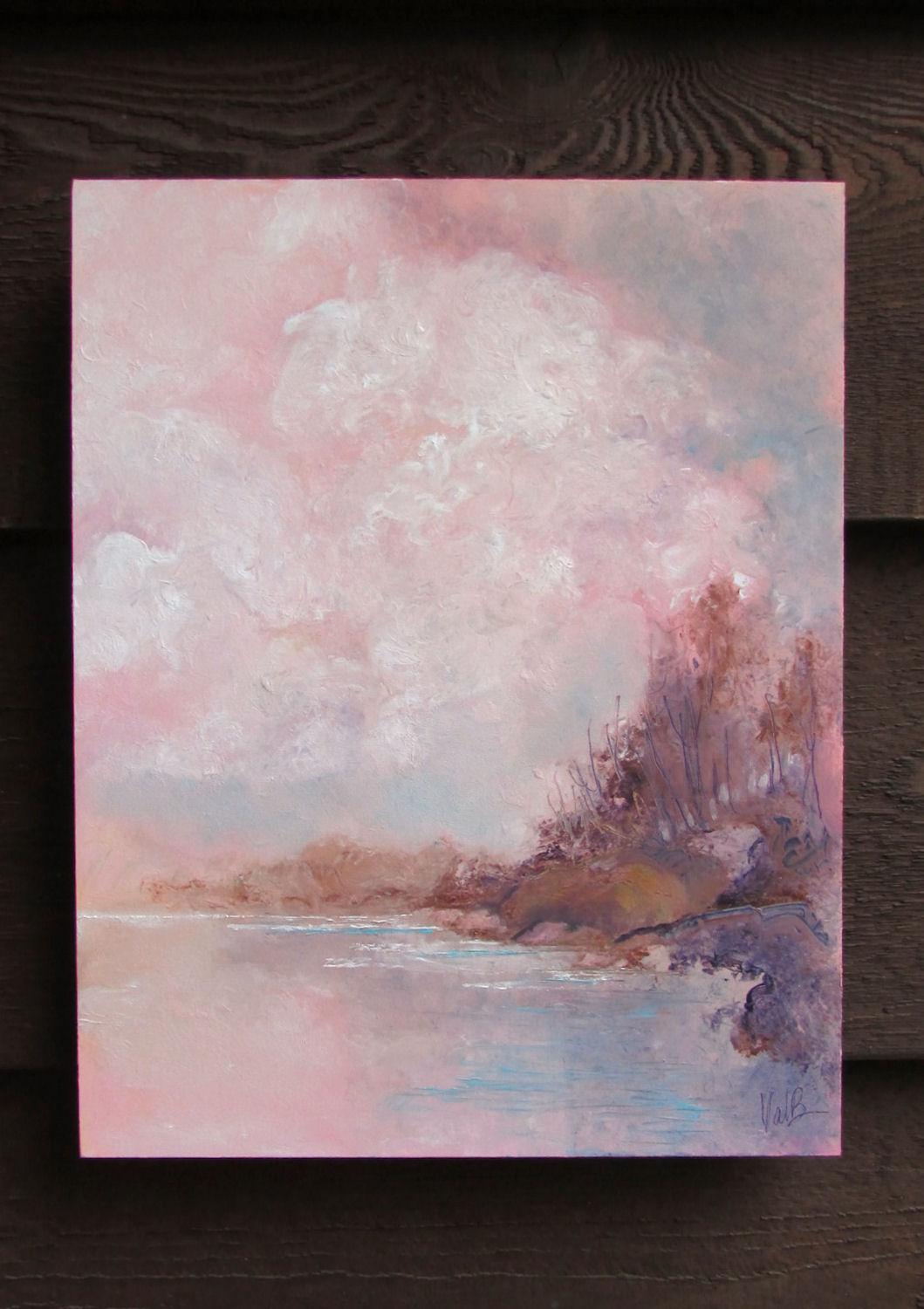 <p>Artist Comments<br>Artist Valerie Berkeley presents a tranquil coastal scene where delicate hues of pink and lavender paint the sky. Traces of Valerie's fingertips grace the composition, forming subtle textures from the sturdy rocks below to the