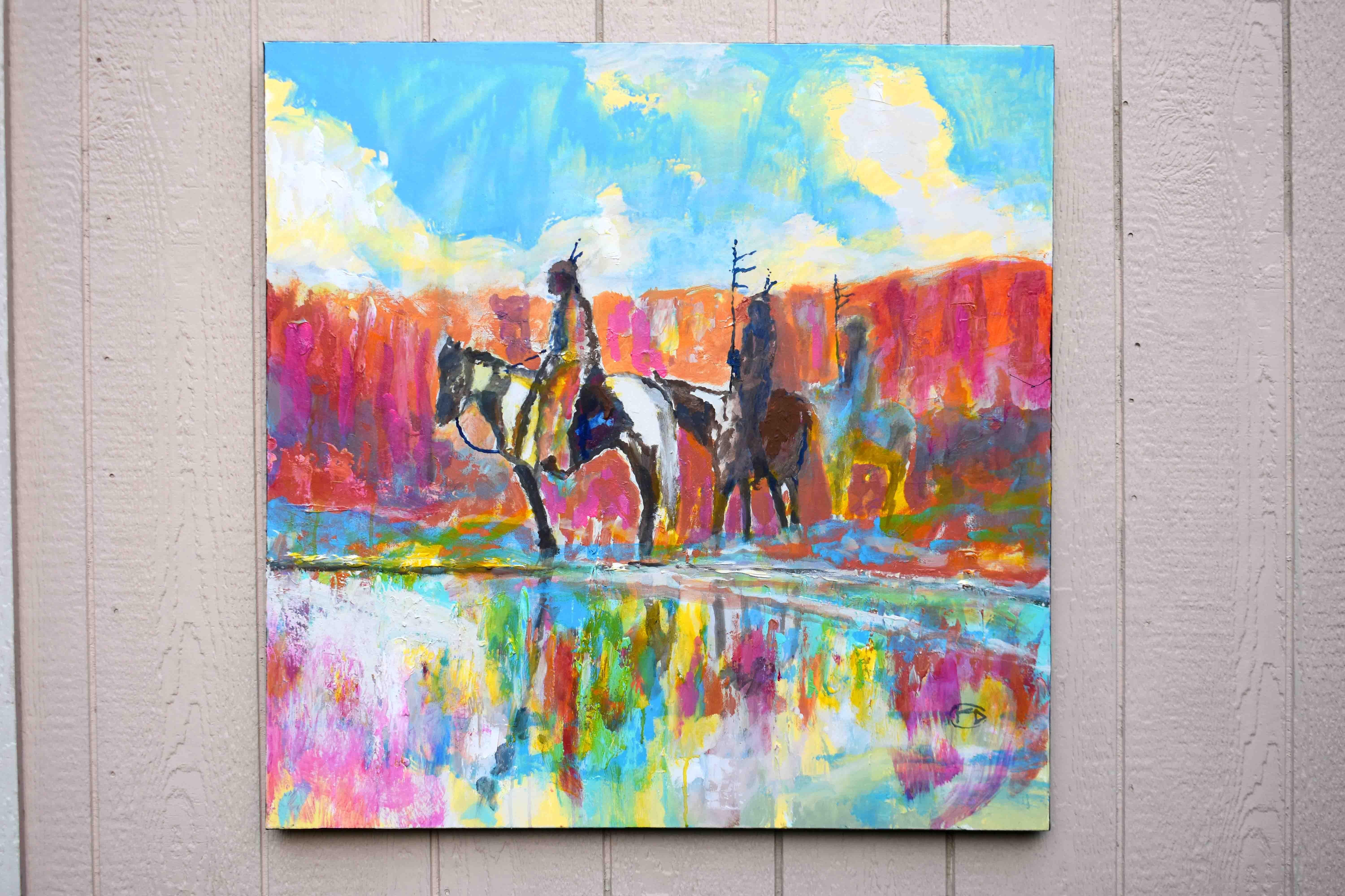 <p>Kommentare des Künstlers<br>Der Künstler Kip Decker porträtiert eine ergreifende Szene mit amerikanischen Ureinwohnern zu Pferd. Die Gruppe erkundet eine flache Wasserquelle nach einem kürzlichen Regen. Die schillernden Farbtöne des Gemäldes