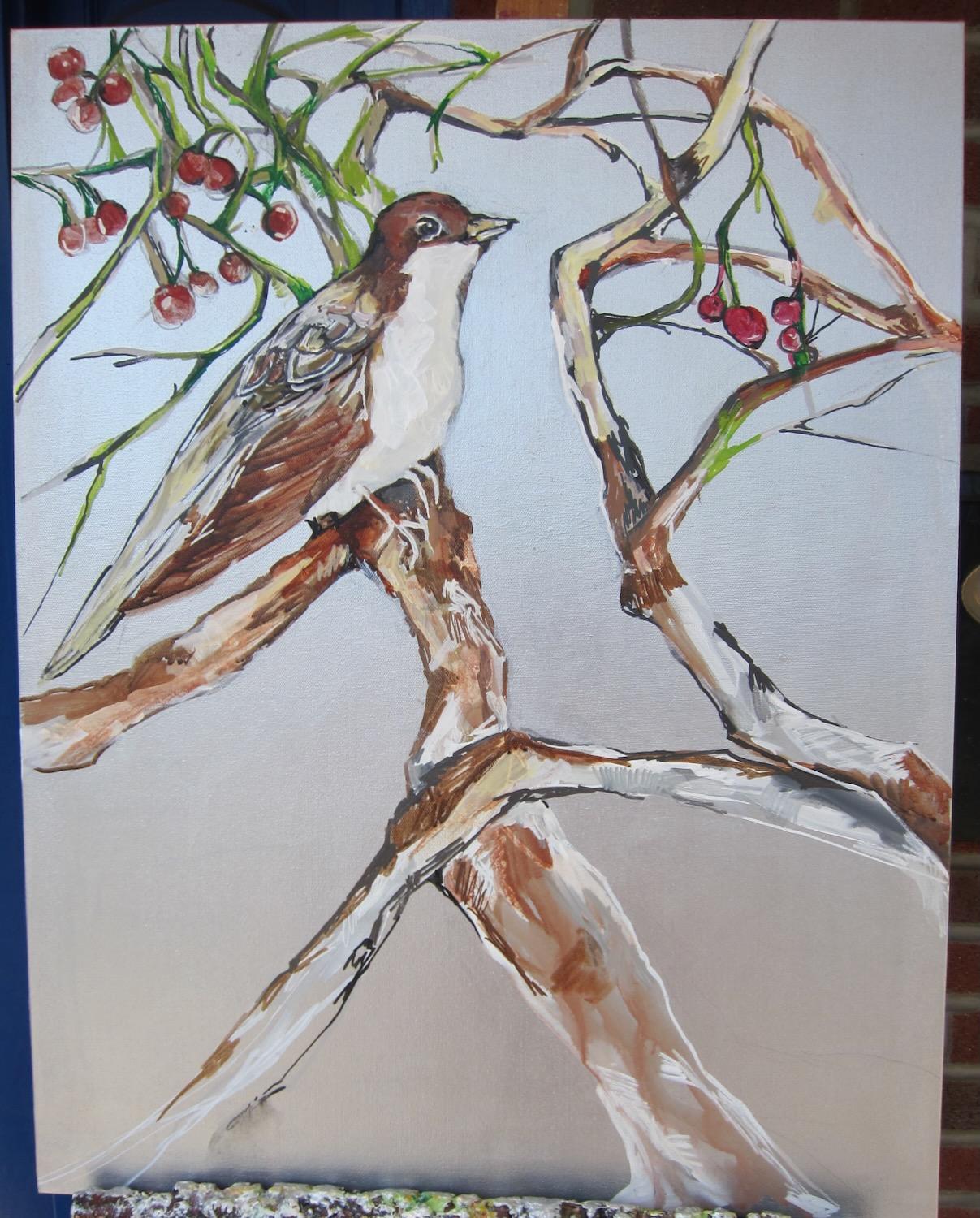 <p>Commentaires des artistes<br>L'artiste Colette Wirz Nauke peint un oiseau perché sur un arbre. Des baies rouges dodues ornent les branches sinueuses, créant une impression de mouvement et de vitalité à l'œuvre. Les fines et subtiles couches de