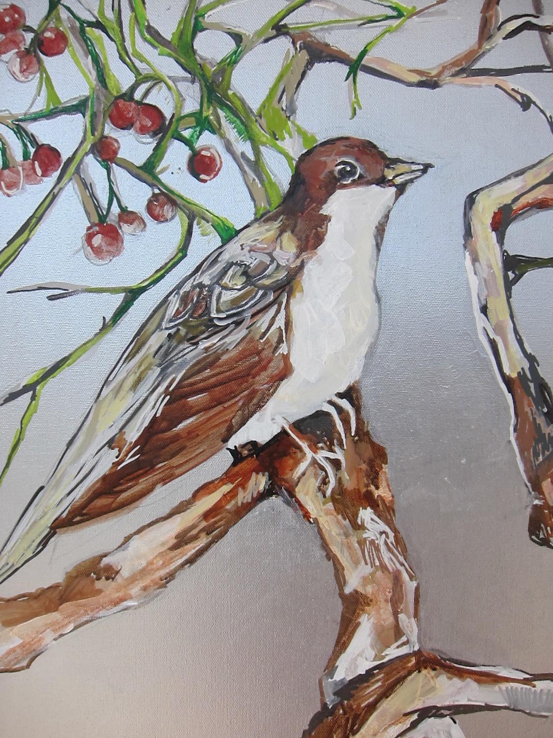<p>Artist Comments<br>Artist Colette Wirz Nauke paints a bird perched on a tree. Plump red berries adorn the meandering branches, creating a sense of movement and vitality to the piece. The subtle, thin layers of neutral colors contrast beautifully