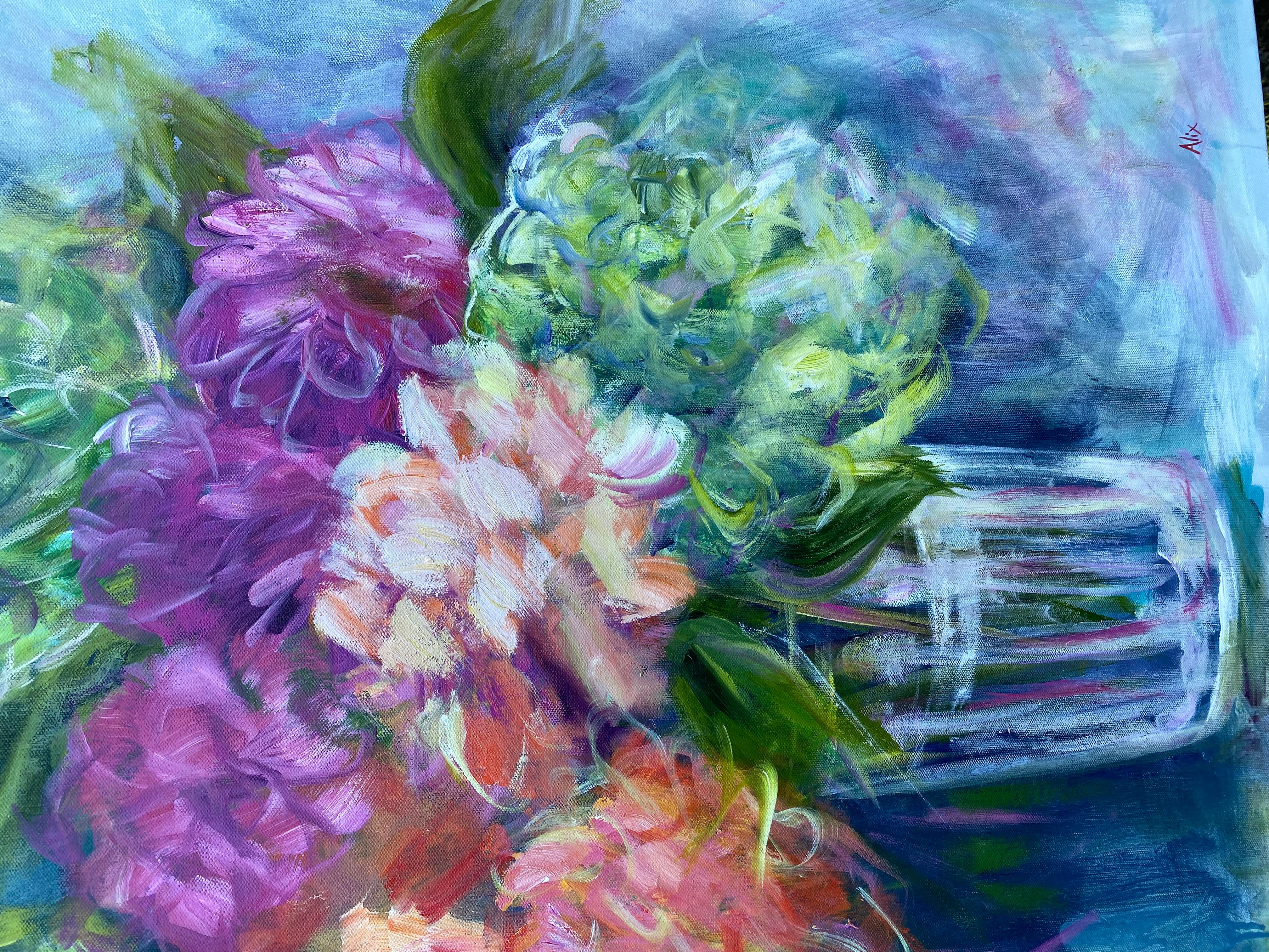 <p>Artist Comments<br>Vivid corals and pinks harmonize with cool blues and warm greens. Artist Alix Palo captures the charm of blooming flowers in this still life. She skillfully renders the assortment of blossoms with expressive line work and