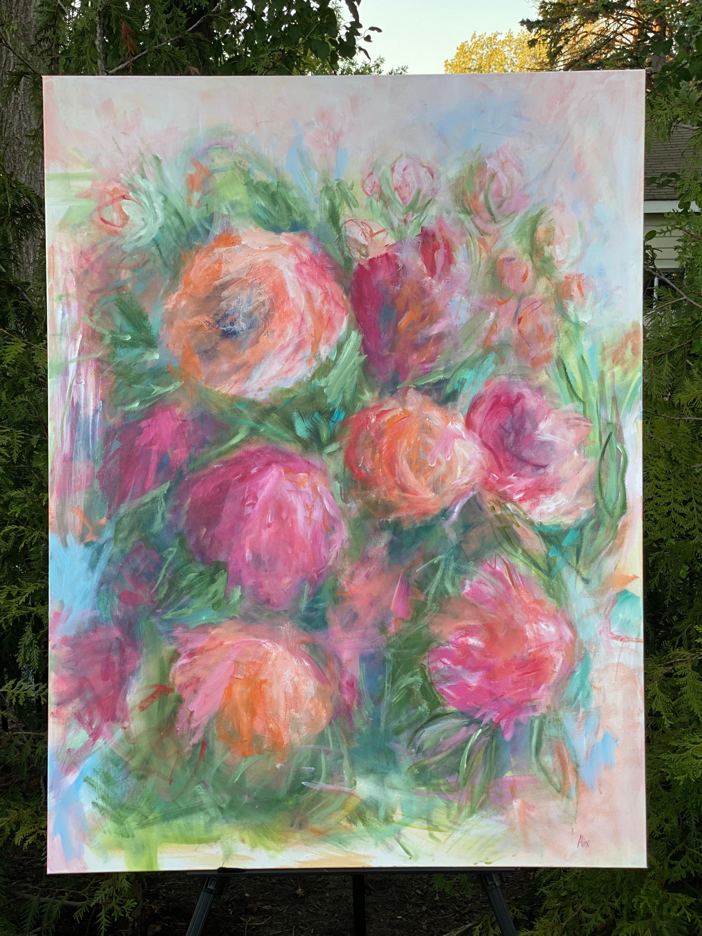 <p>Artist Comments<br>Artist Alix Palo portrays roses in vibrant shades of red and orange, capturing their essence expressively and loosely. The blooms lay in a bed of viridian and green, creating an interplay of complementary colors, adding depth