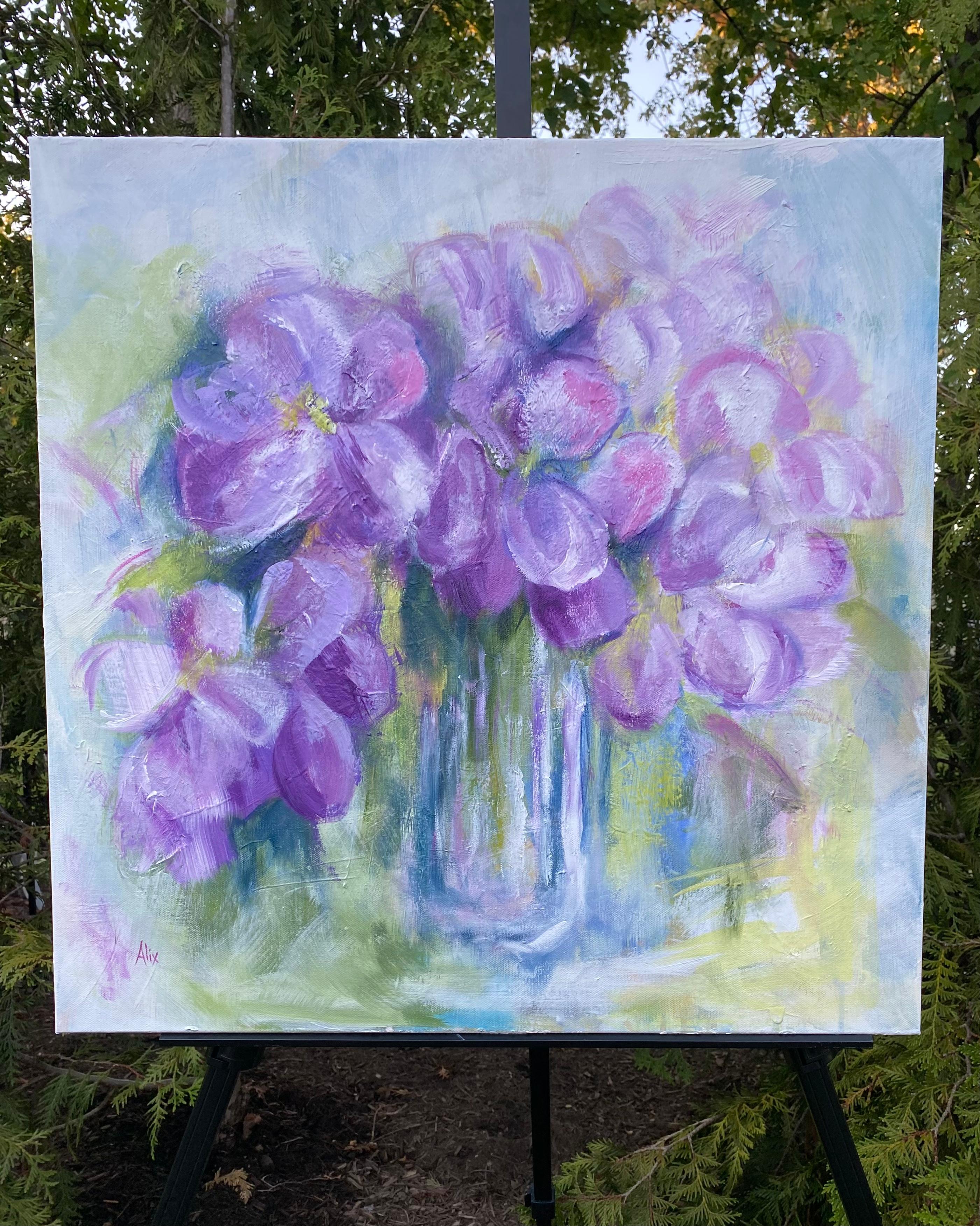 Purple Flowers in Vase, Original Painting For Sale 1