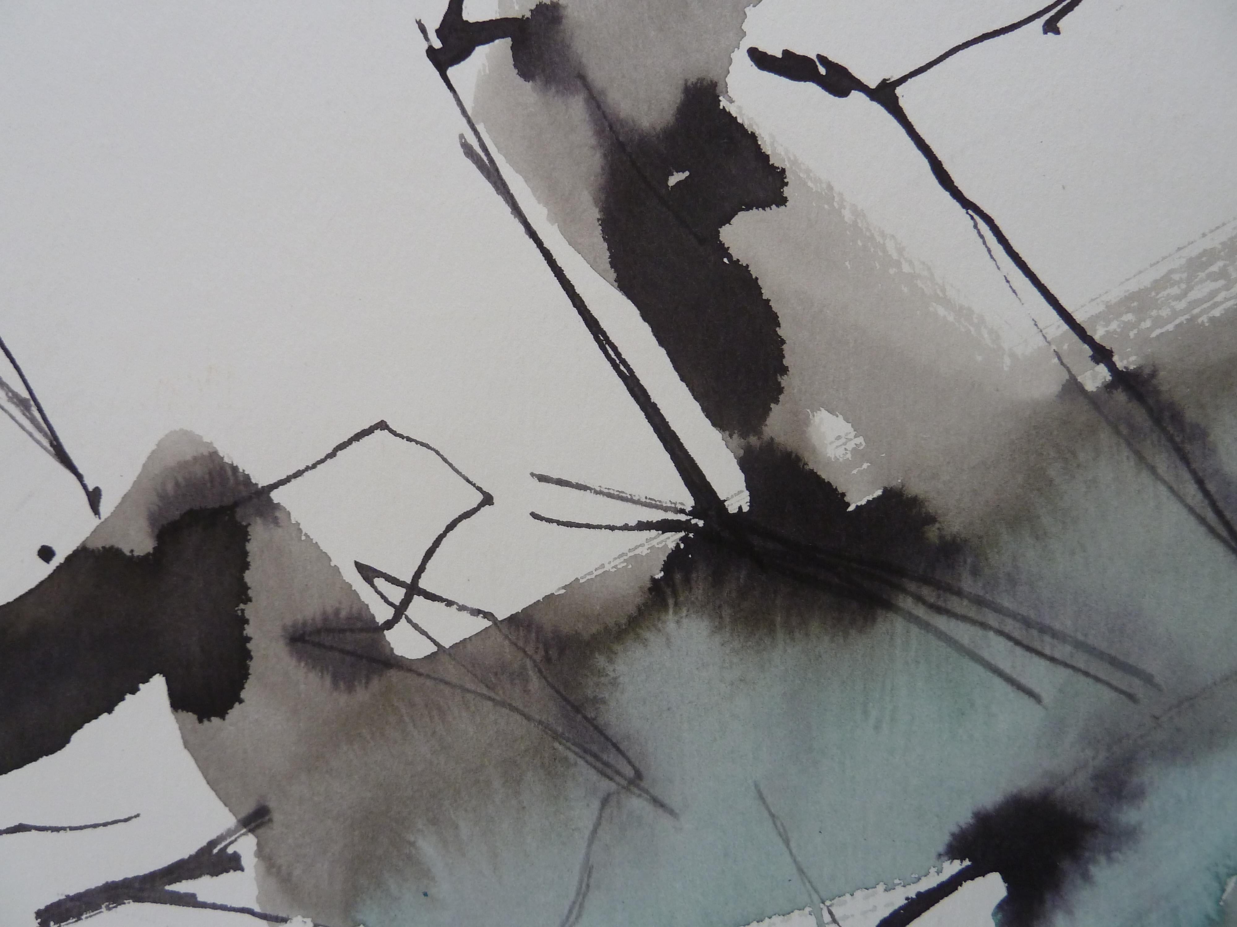 Gestische Tintenzeichnung #50, Abstraktes Gemälde (Grau), Abstract Drawing, von Gail Ragains