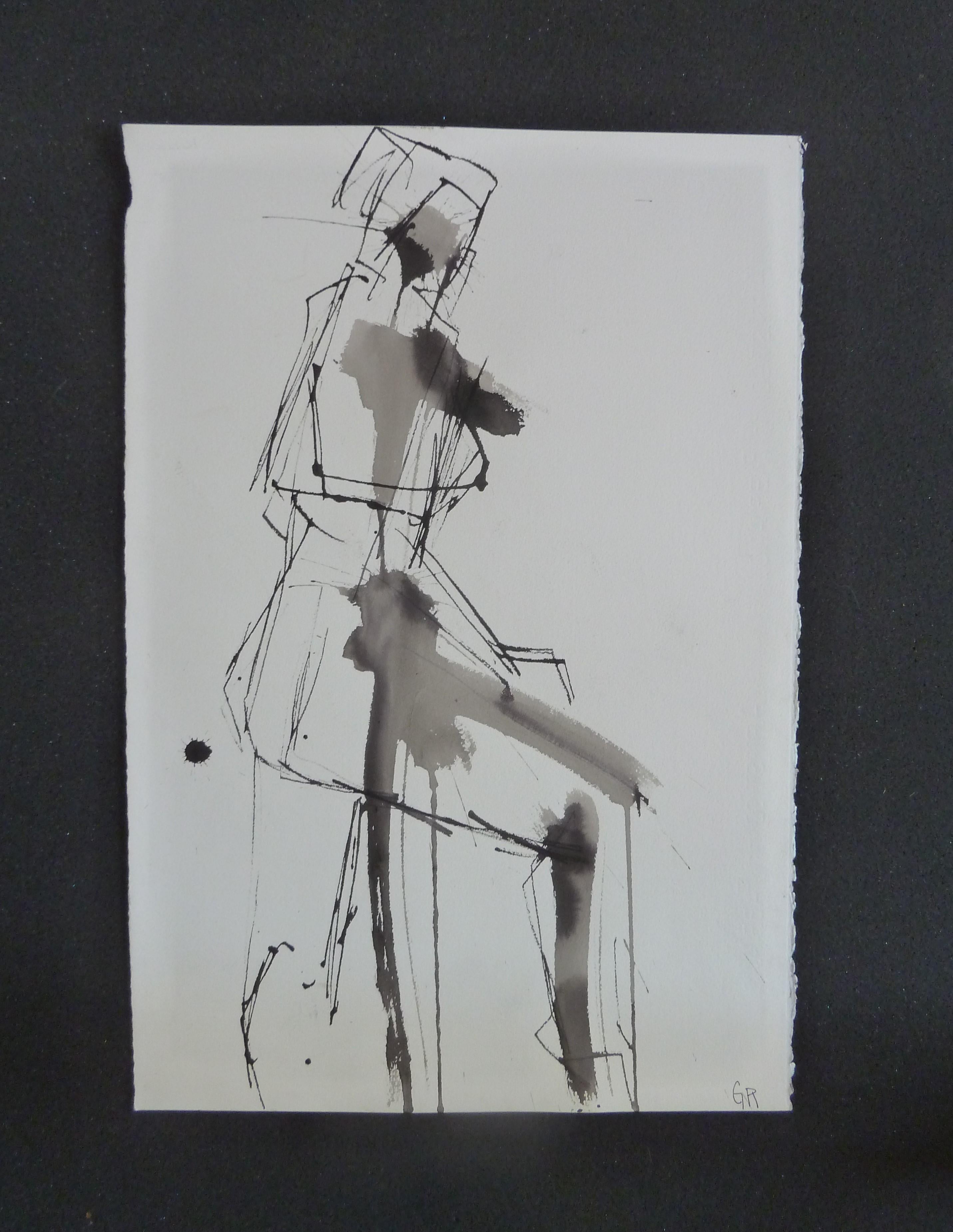 Gestische Tintenzeichnung #55, Abstraktes Gemälde (Grau), Nude, von Gail Ragains