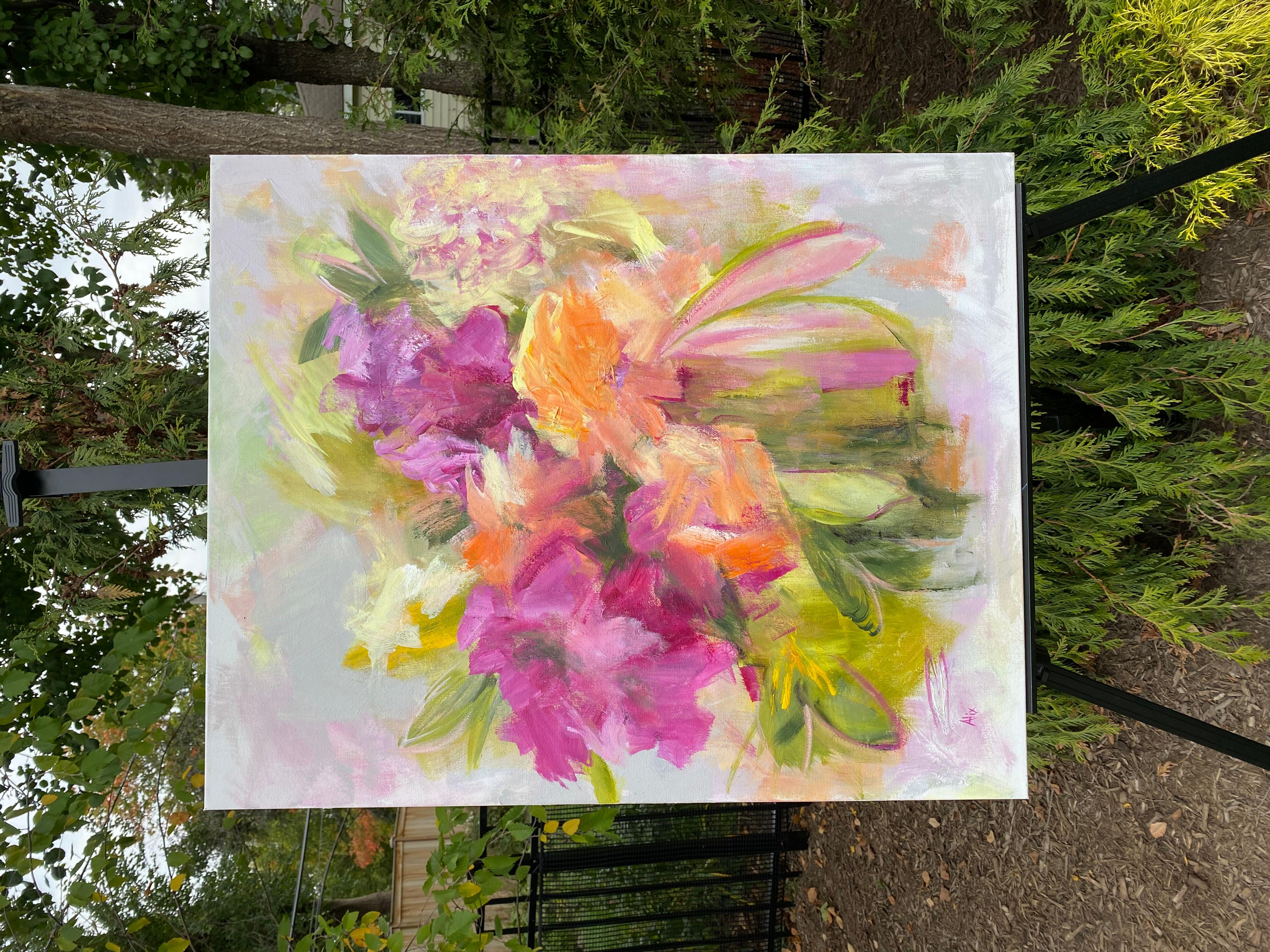 <p>Kommentare der Künstlerin<br>Die Künstlerin Alix Palo präsentiert ein lebhaftes Blumenarrangement mit einer sanften und farbenfrohen Farbpalette. Vor einem hellgrauen Hintergrund erwachen die Blumen zum Leben und schmücken die Komposition mit