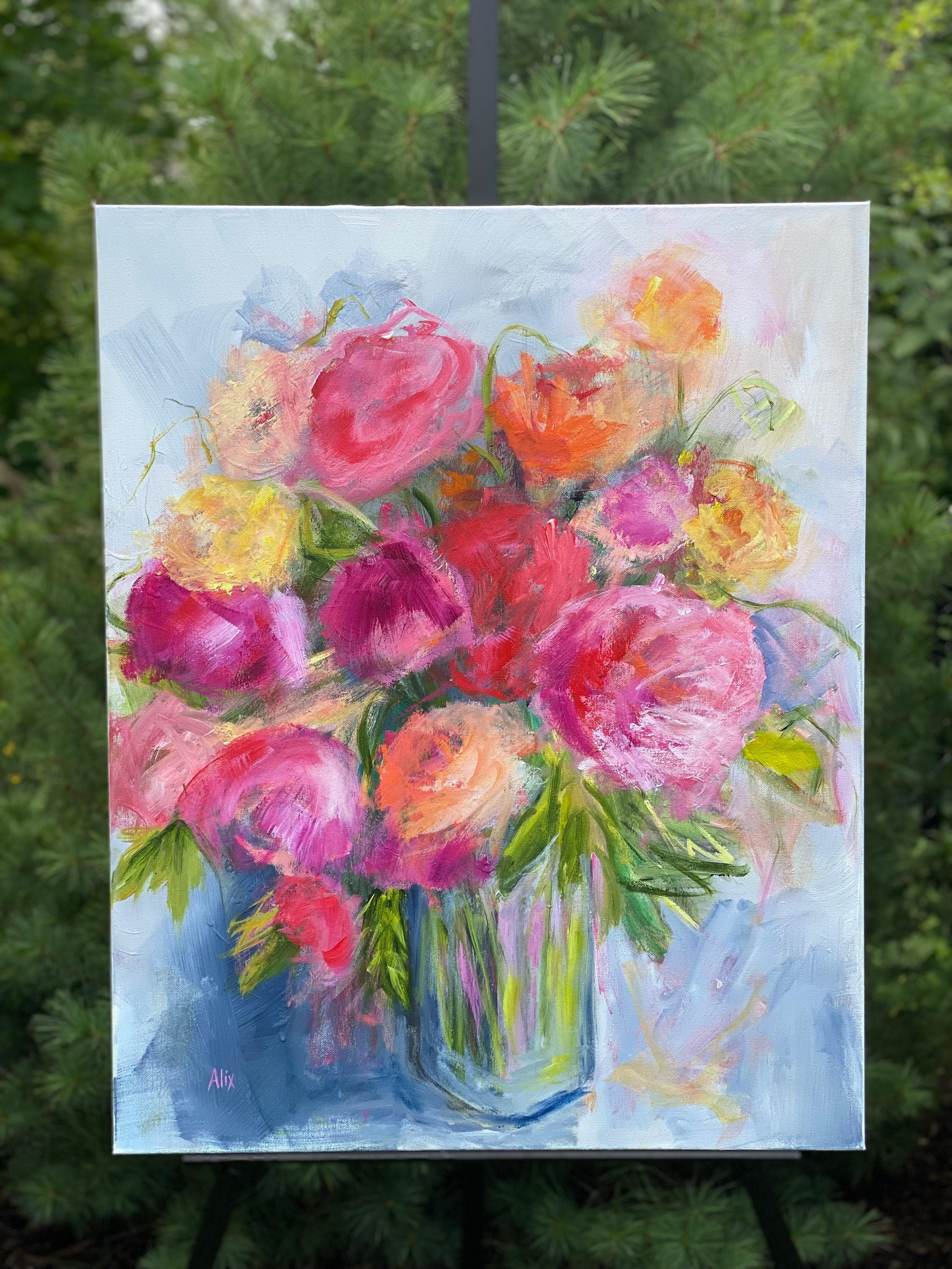 <p>Artist Comments<br>Artist Alix Palo presents an alluring still life of ranunculus flowers in a glass vase. The painting exudes vitality, blooming in coral, red, and yellow hues. Through the expressive brushwork, the composition comes alive,