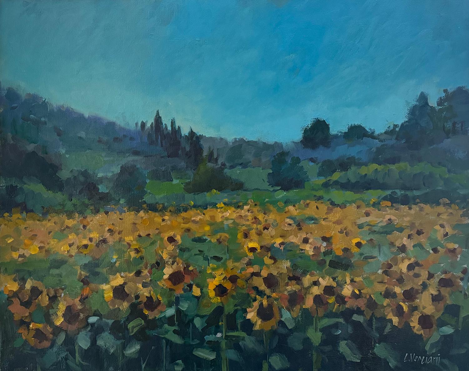 Fields of Sunshine, Oil Painting - Black Landscape Painting by Claudia Verciani