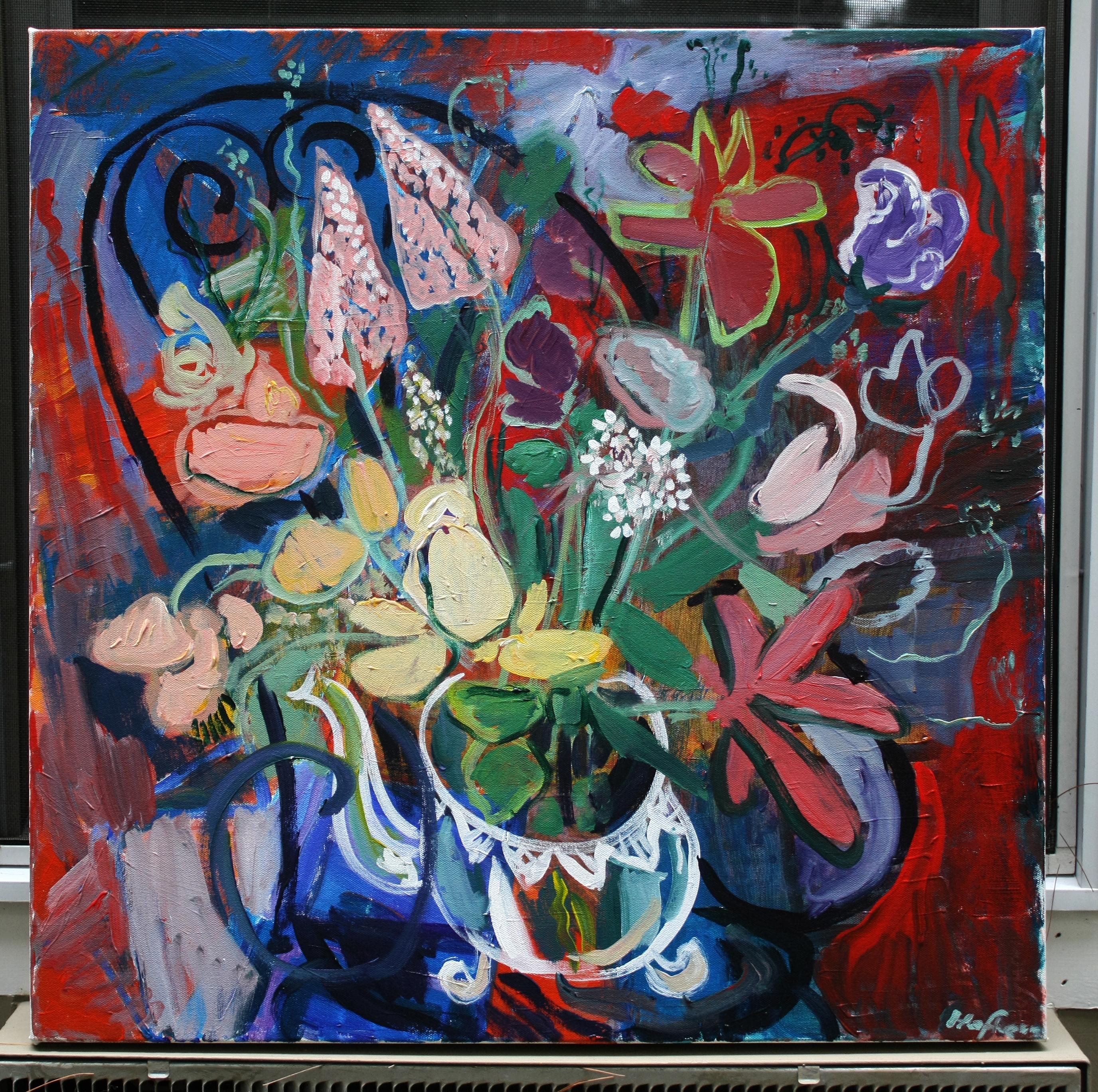 <p>Artist Comments<br>With a bold palette and expressive brushstrokes, artist Robert Hofherr paints a teapot adorned with flowers on an iron chair. 